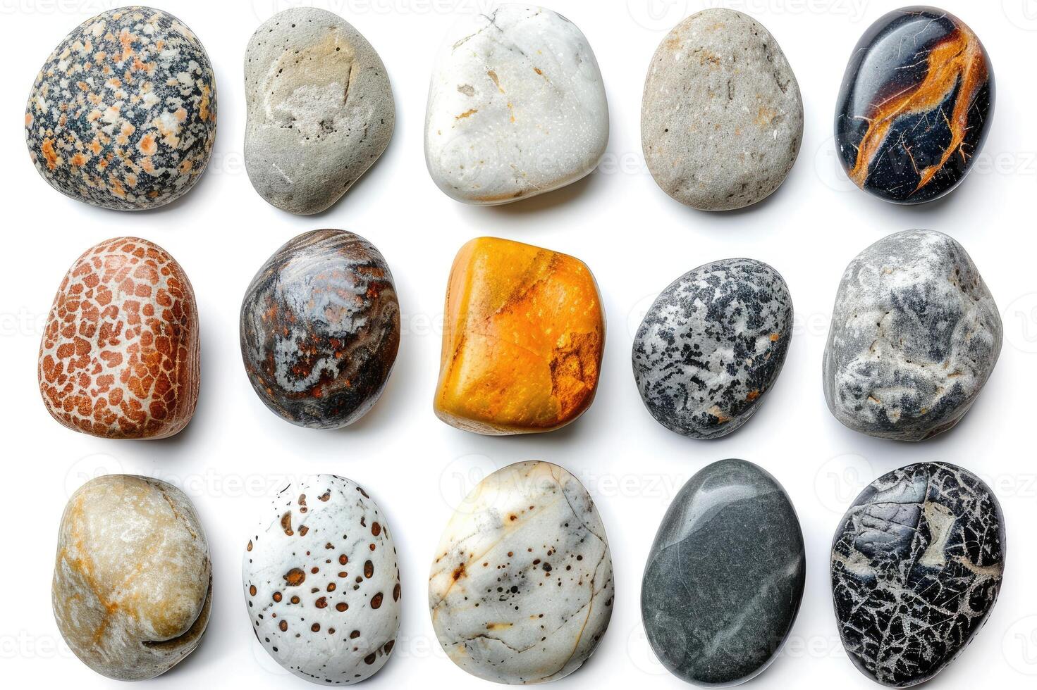 Colorful and varied collection of smooth river stones photo