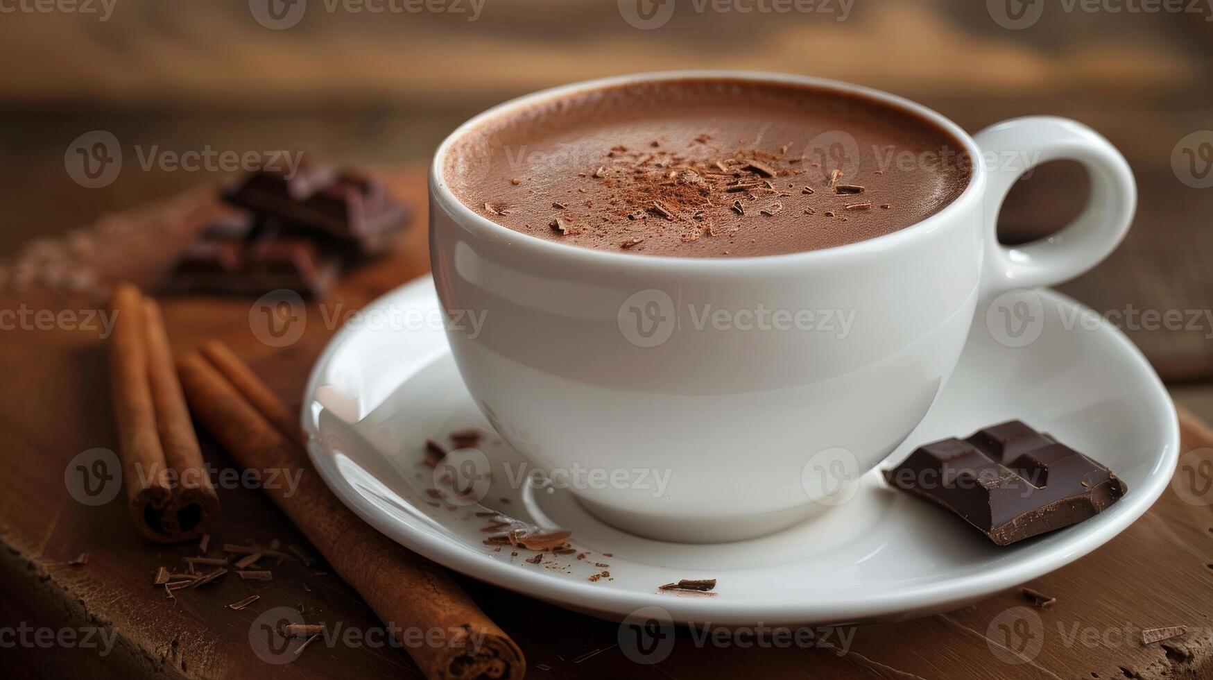 Warm Creamy Hot Chocolate with Cinnamon and Dark Chocolate Pieces Perfect for Winter Comfort and Serenity photo