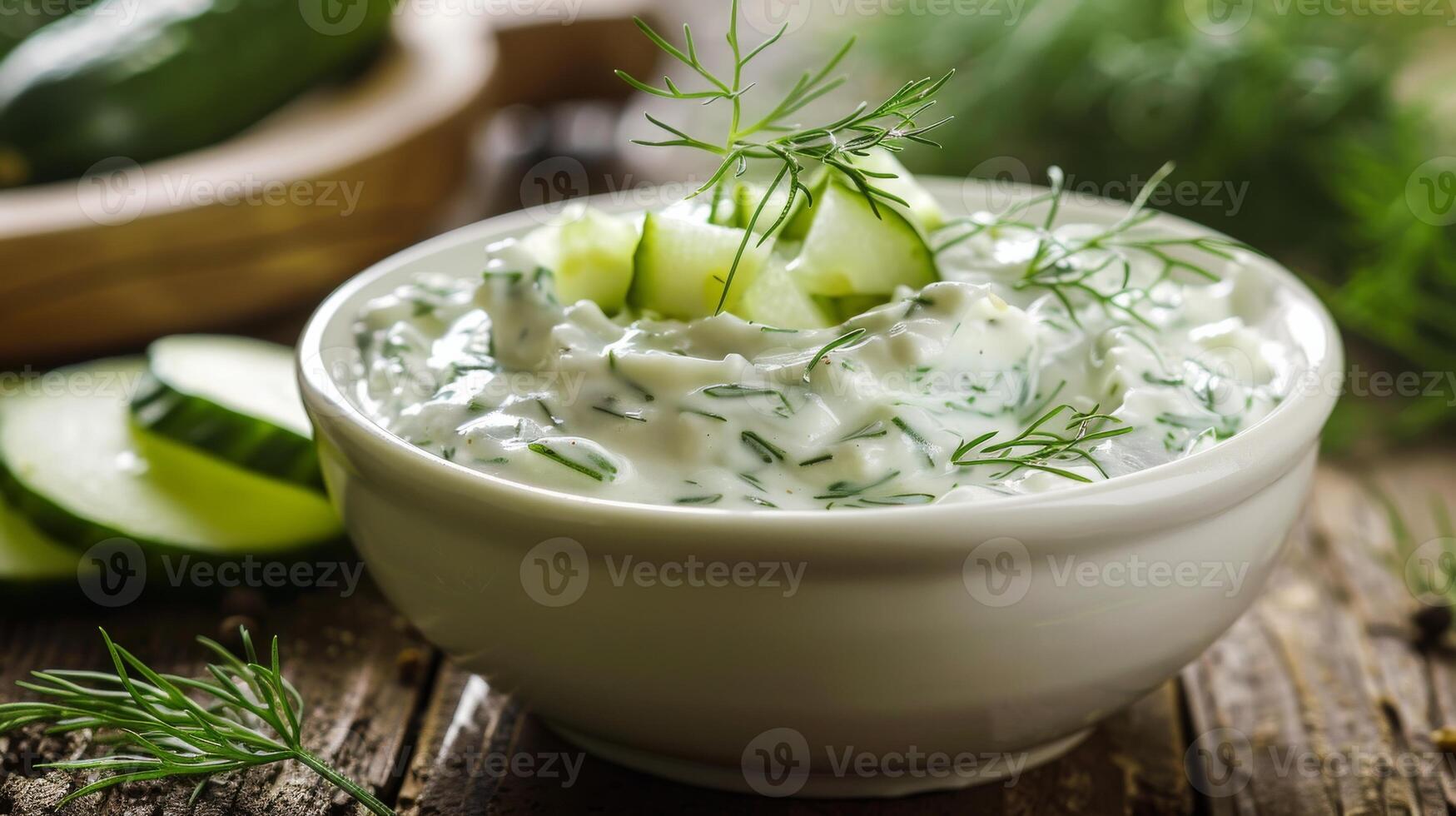 Fresh Homemade Tzatziki Sauce with Cucumber and Dill in Bowl on Rustic Wooden Table photo