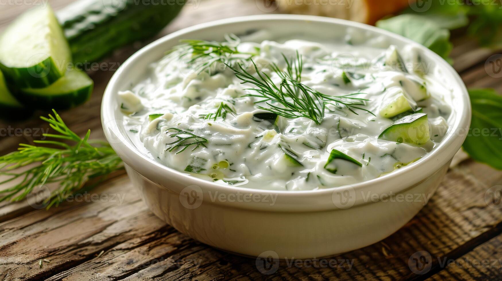 Fresh Homemade Tzatziki Sauce with Cucumbers and Dill in a Bowl on Rustic Wooden Table for Summer Cuisine and Mediterranean Cooking photo