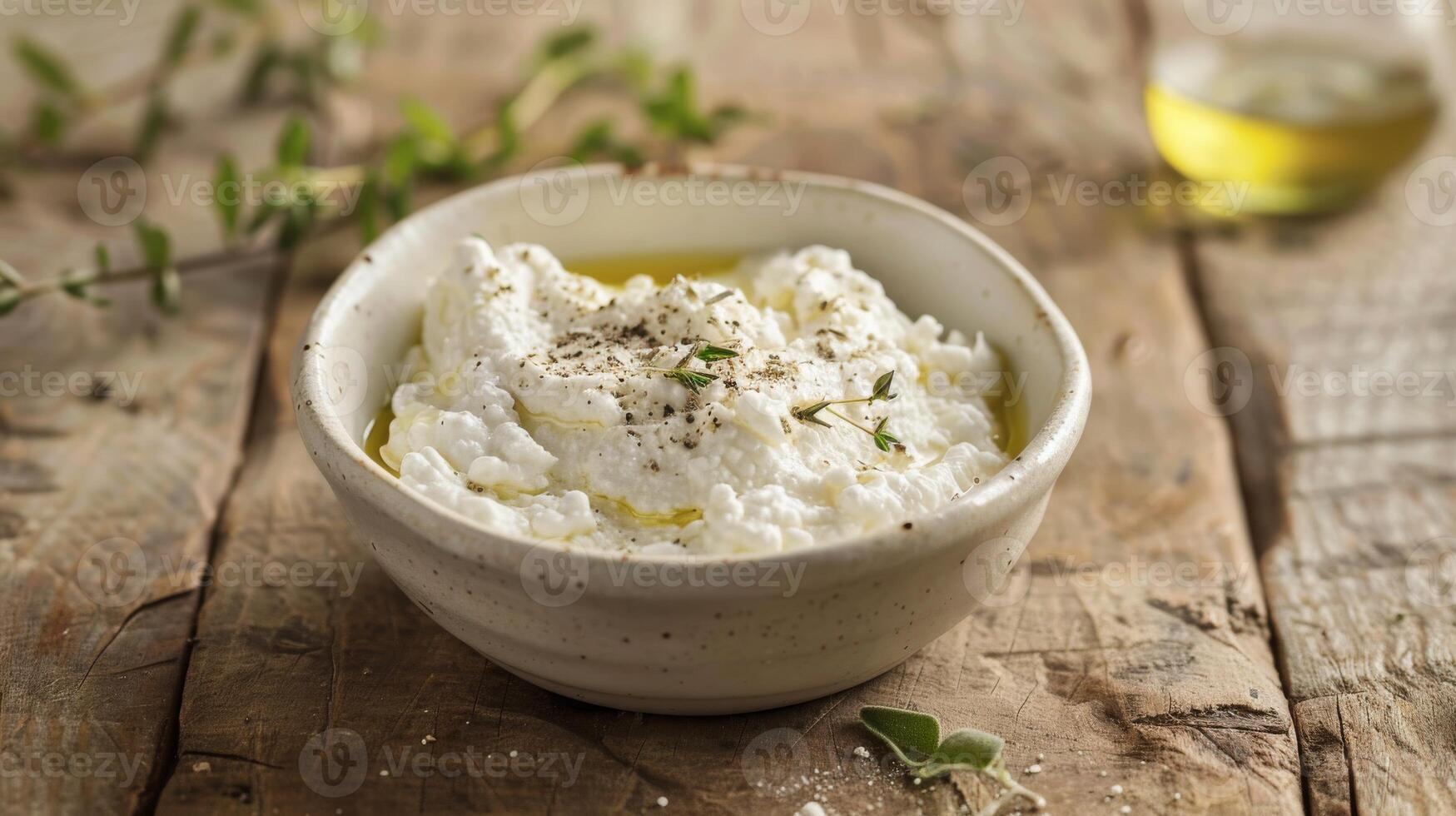 Rustic Ricotta Cheese in Ceramic Bowl on Wooden Table with Herbs Background for Culinary Projects photo