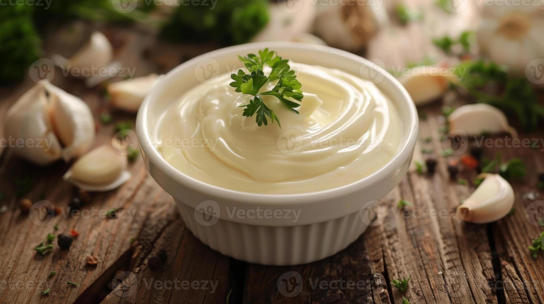 Small Dish of Creamy Aioli on Rustic Wooden Surface With Garlic and Herbs for Culinary Use photo