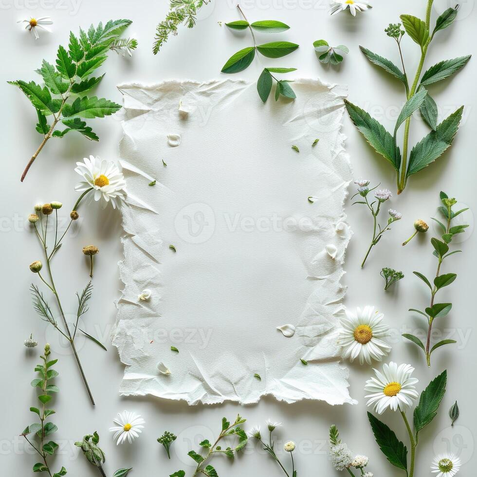 White blank paper surrounded in the style of daisies, green leaves on the edges photo