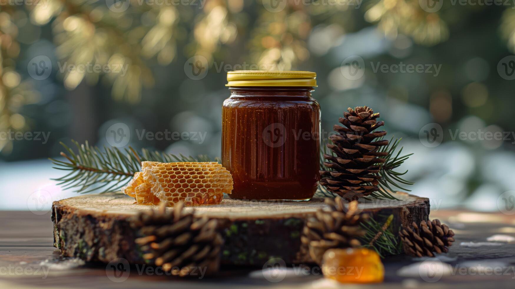 Rustic Scene with Jar of Fir Honey, Honeycomb, Pinecones, and Evergreen Branches in Natural Setting photo