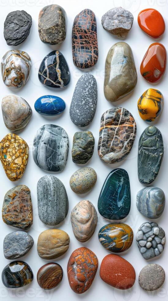 Colorful and varied collection of smooth river stones photo