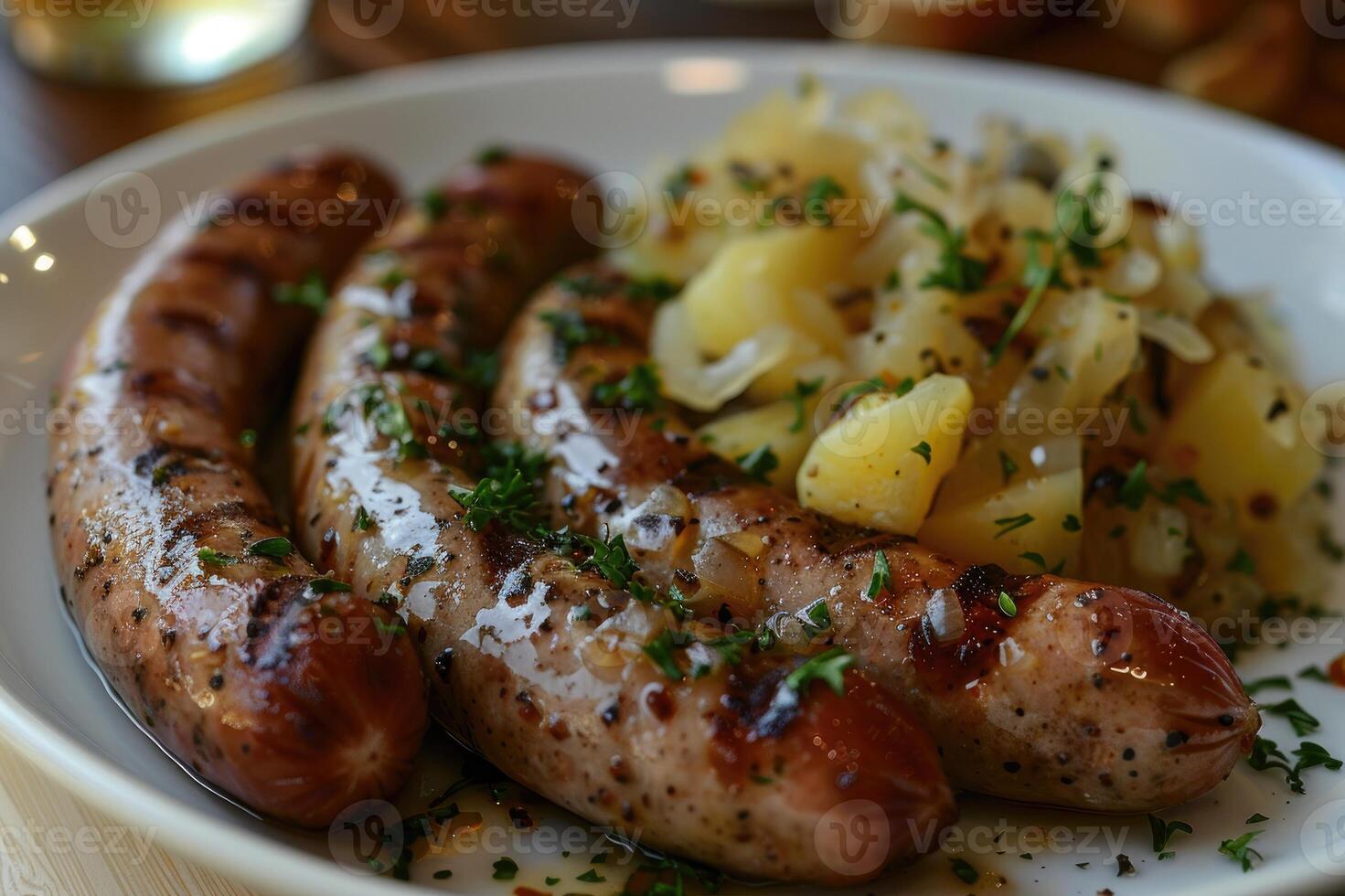 Grilled sausages with sauerkraut and roasted potatoes meal. photo