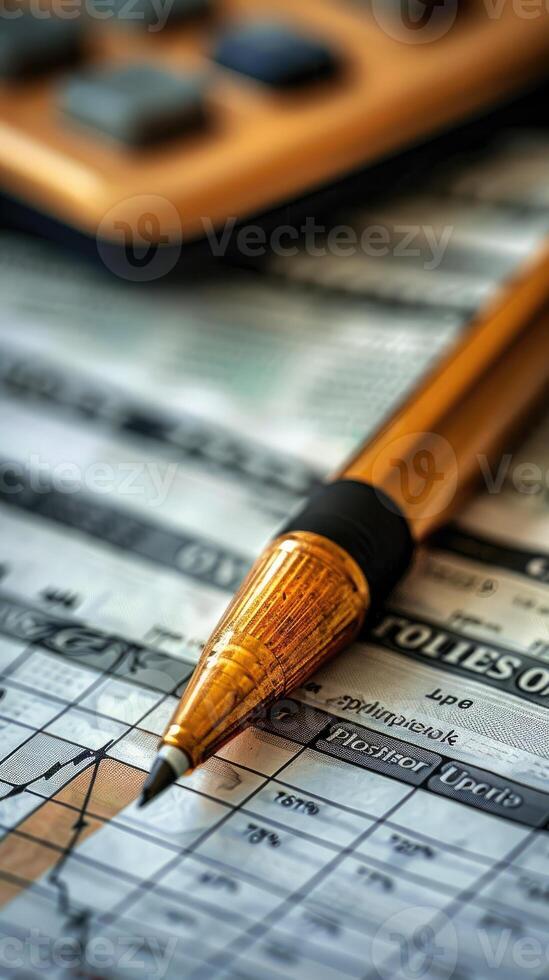 Pen placed on a spreadsheet, highlighting financial data and figures, symbolizing business, finance, and office work. photo