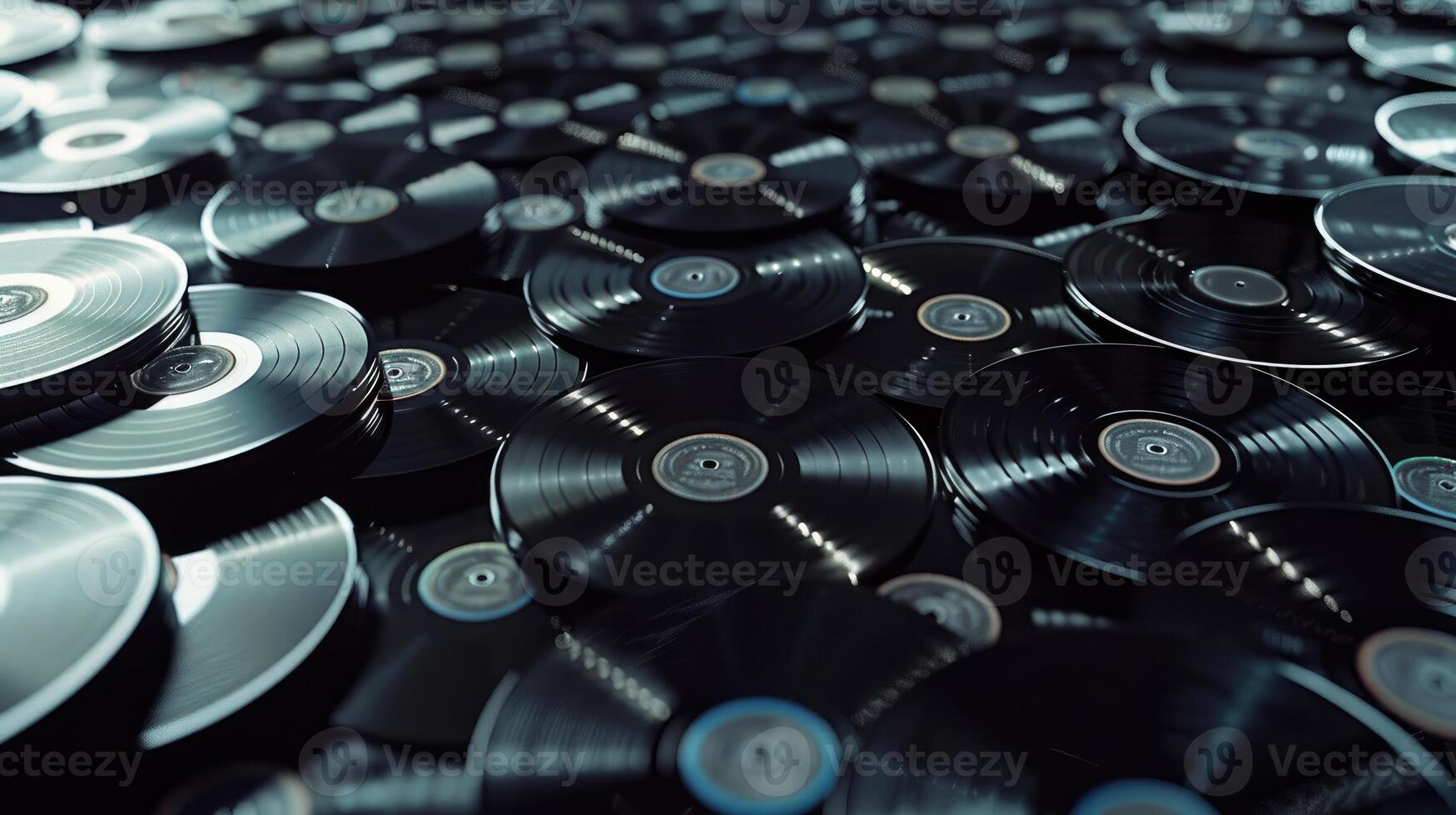 A collection of vinyl records displayed in stacks photo