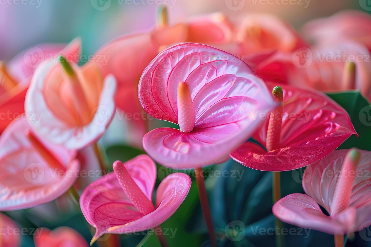 Beautiful pink and red Anthurium flowers in full bloom. photo