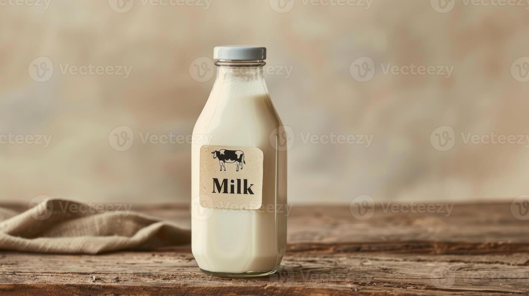 Fresh Milk Bottle on Rustic Wooden Table with Neutral Background for Organic Beverage Advertising photo
