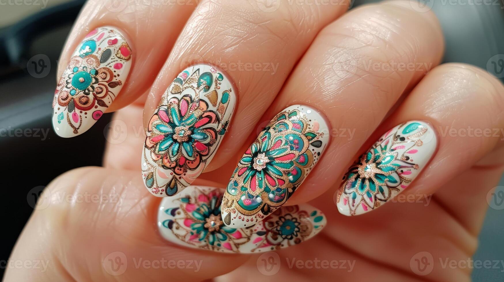 Intricate Mandala Design on Nails for a Colorful Manicure, Perfect for Beauty and Style Inspired Projects photo