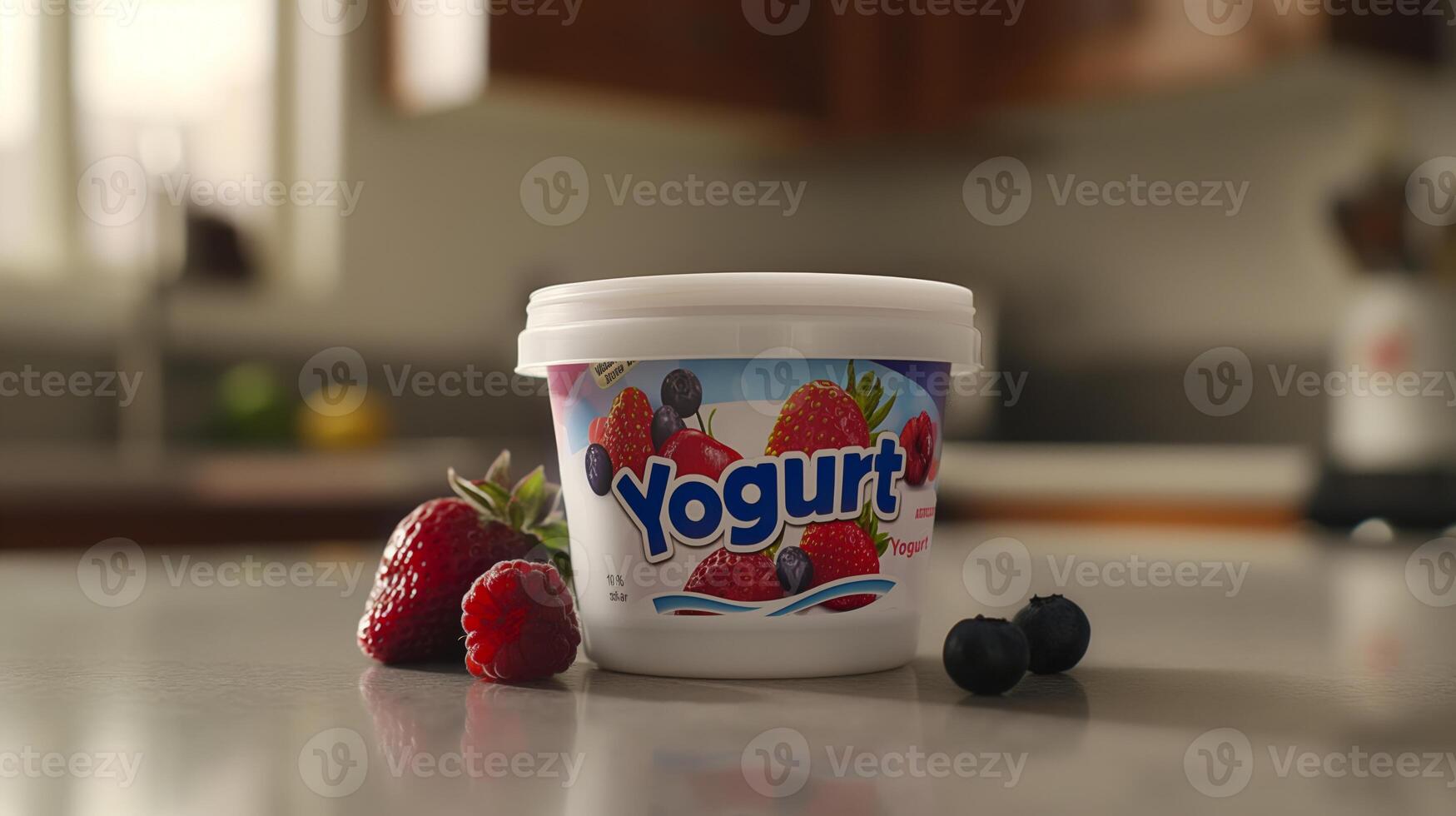 Creamy Yogurt Container with Berries on Kitchen Counter for Breakfast Concept photo