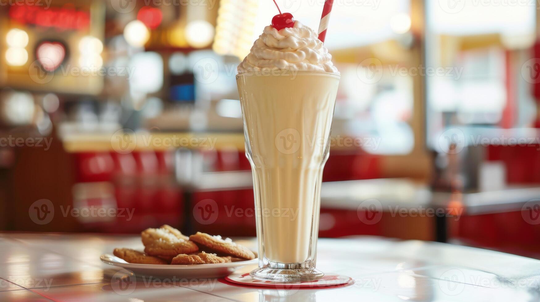 Creamy Vanilla Milkshake with Whipped Cream and Cherry in Classic Diner Setting for Food Photography and Print Design photo