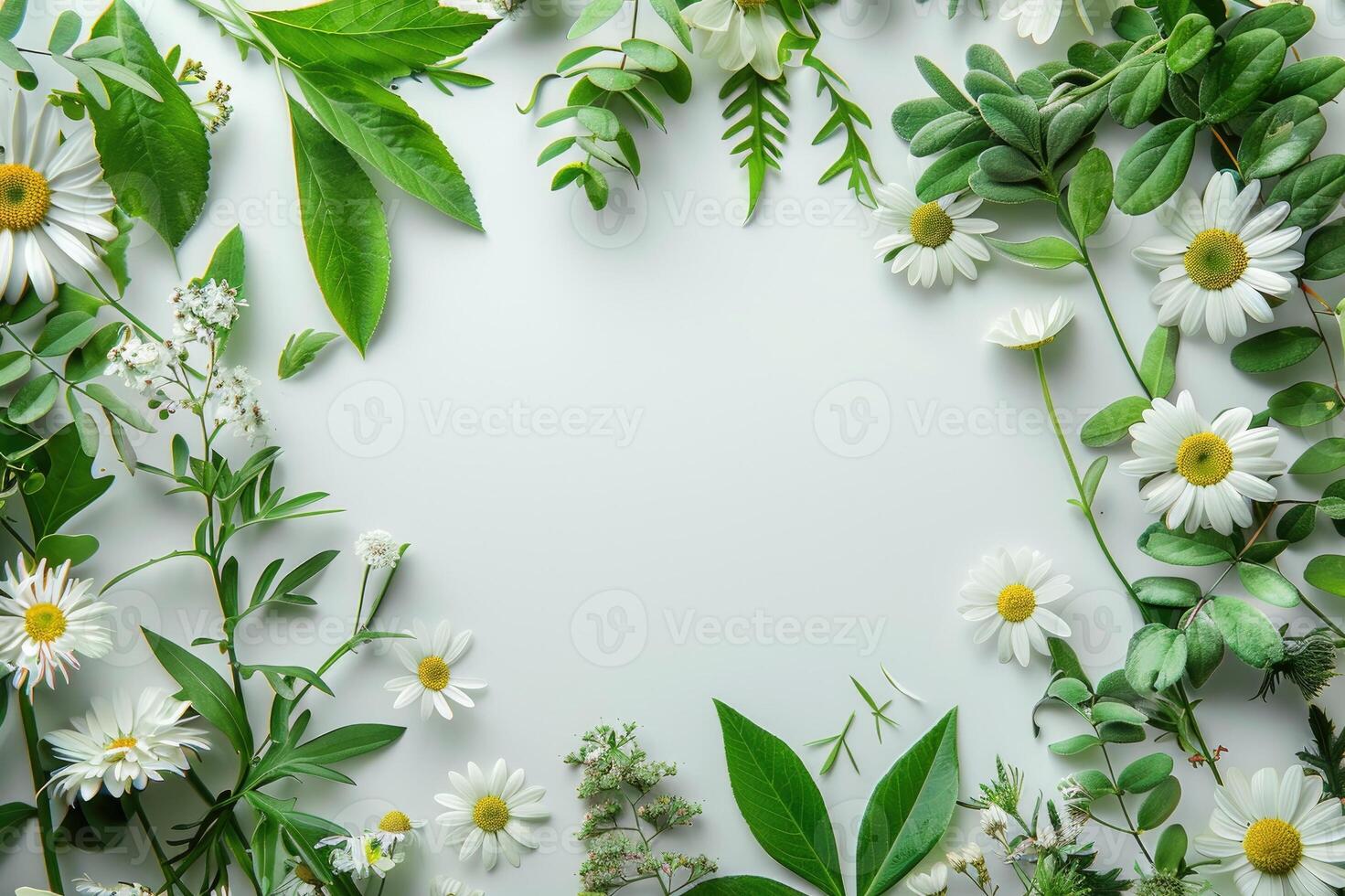 White blank paper surrounded in the style of daisies, green leaves on the edges photo