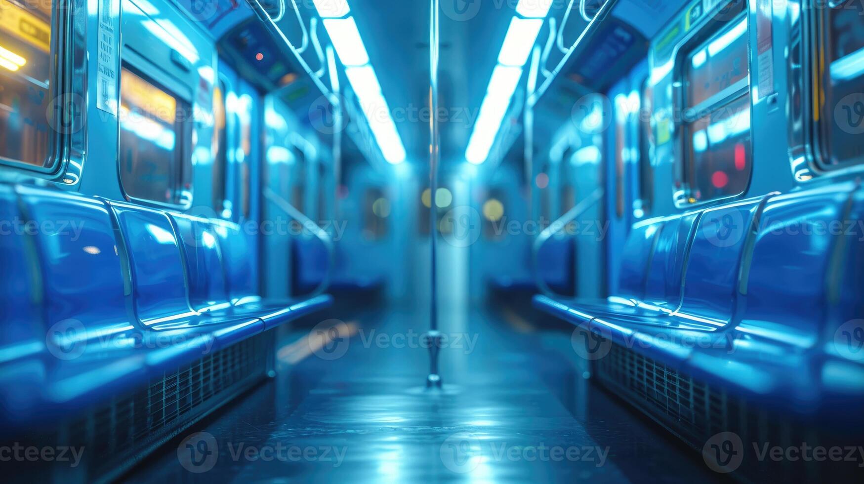 An empty modern subway car featuring seats, illuminated by artificial lighting photo