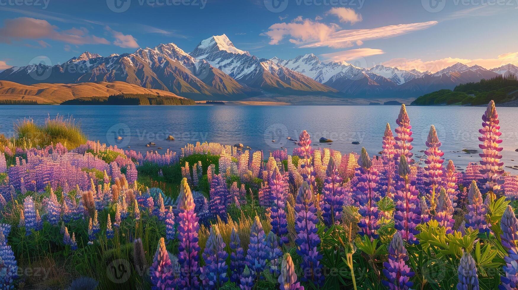 Colorful lupines by the lake with snowy mountains photo