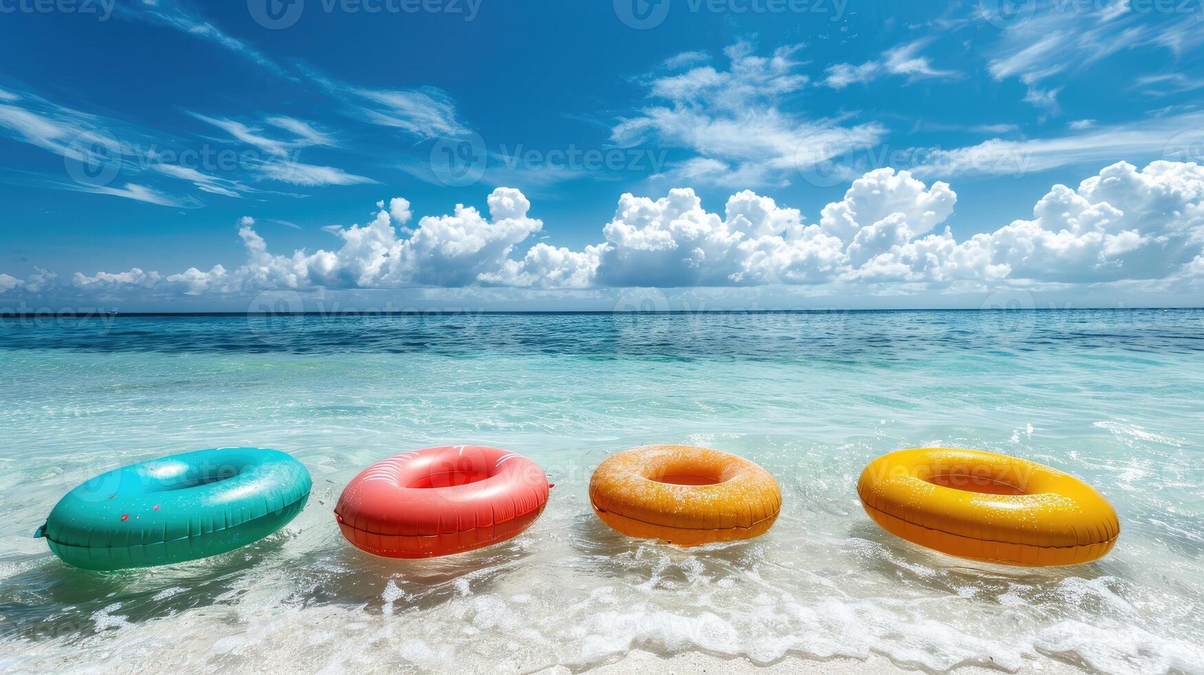 Colorful float rings bobbing in the blue sea photo