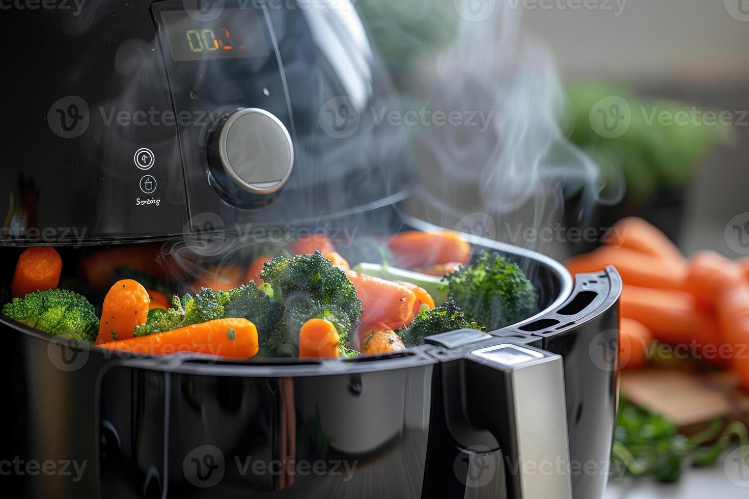 Variety of grilled vegetables, including carrots, bell peppers, and broccoli, garnished with fresh rosemary photo