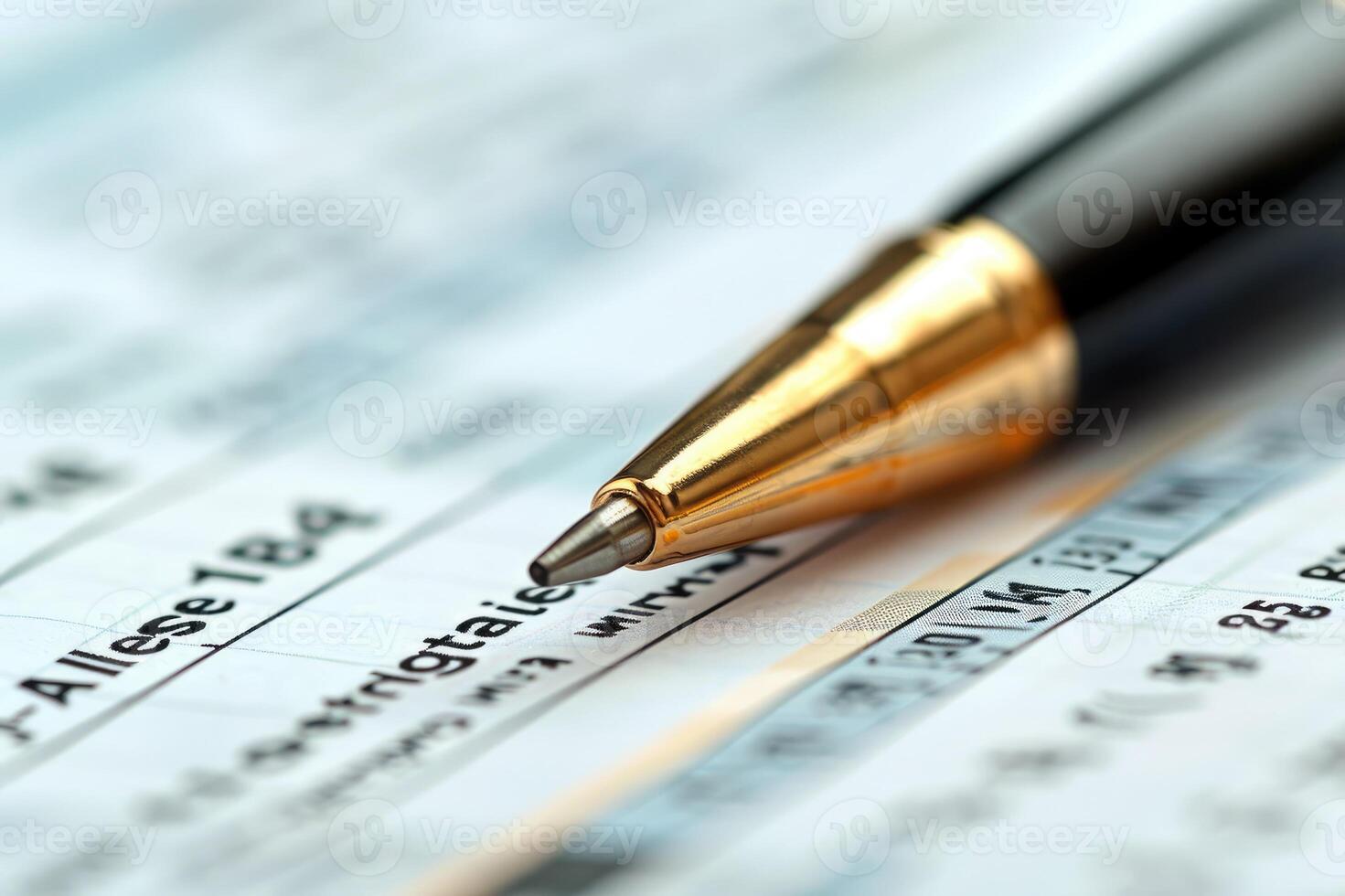Pen placed on a spreadsheet, highlighting financial data and figures, symbolizing business, finance, and office work. photo