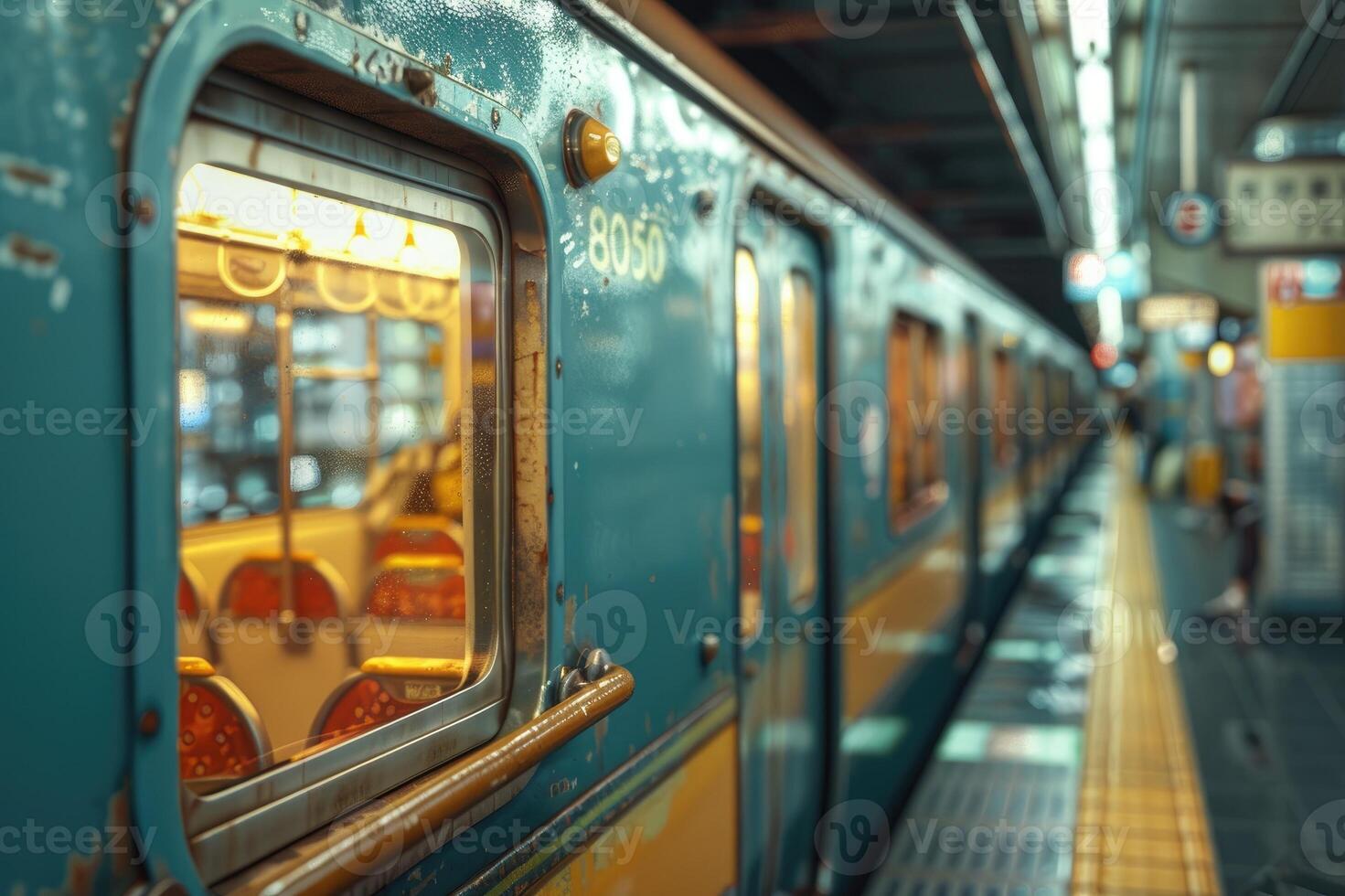 An empty modern subway car featuring seats, illuminated by artificial lighting photo