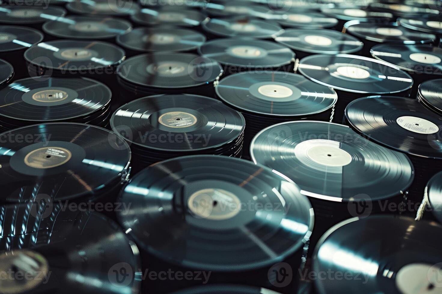 A collection of vinyl records displayed in stacks photo