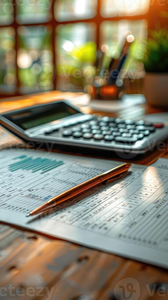 Pen placed on a spreadsheet, highlighting financial data and figures, symbolizing business, finance, and office work. photo