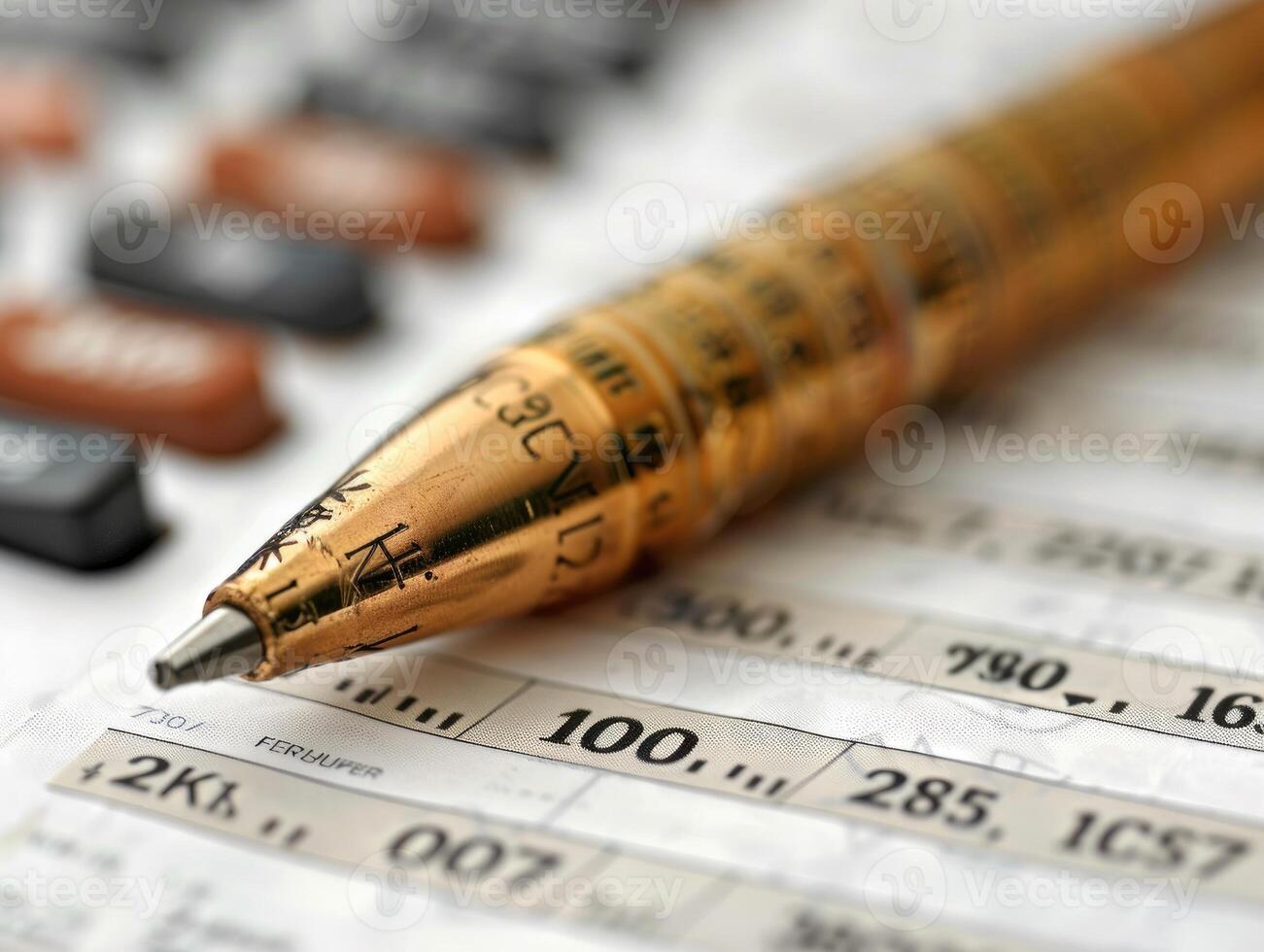 Pen placed on a spreadsheet, highlighting financial data and figures, symbolizing business, finance, and office work. photo