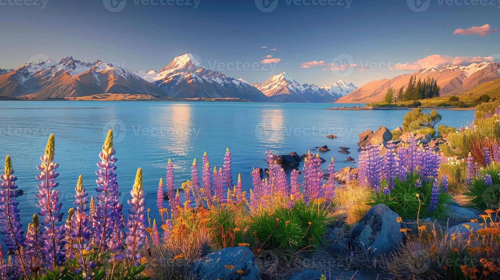 Colorful lupines by the lake with snowy mountains photo