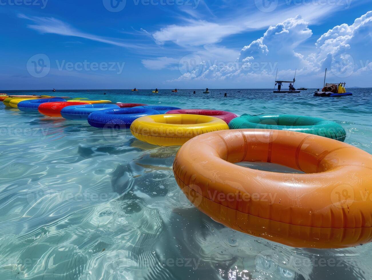 Colorful float rings bobbing in the blue sea photo