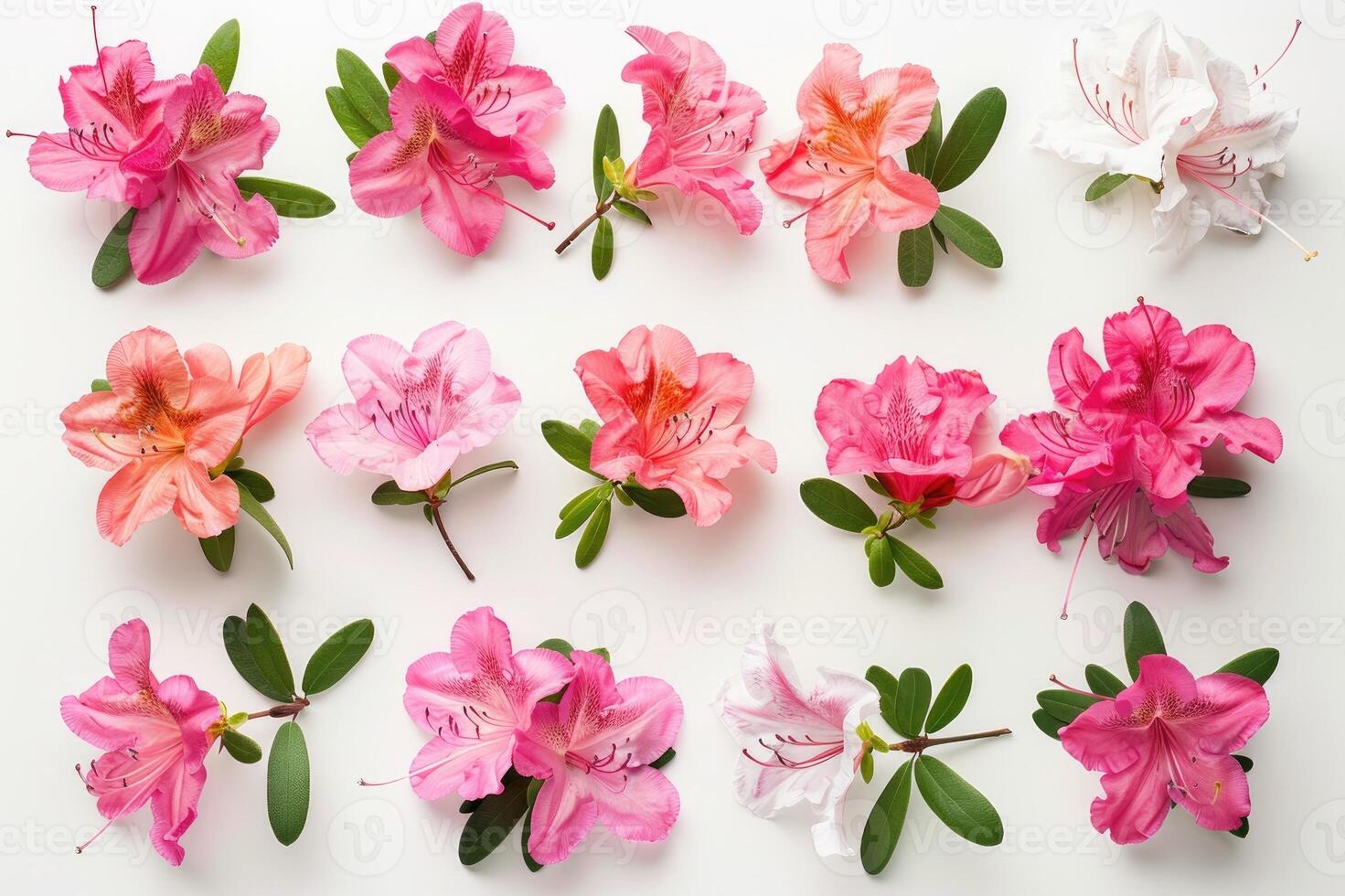 Collection of vibrant azalea flowers and green leaves. photo