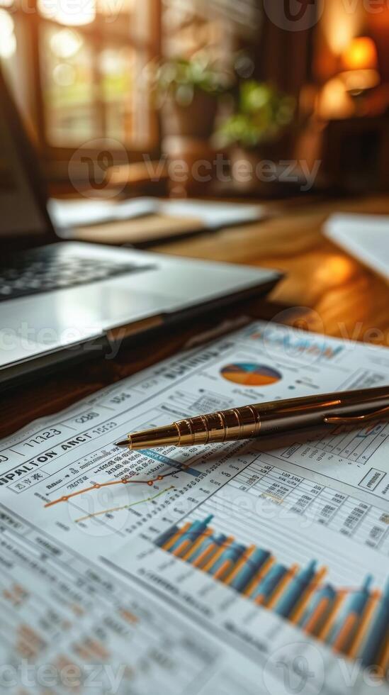 Pen placed on a spreadsheet, highlighting financial data and figures, symbolizing business, finance, and office work. photo