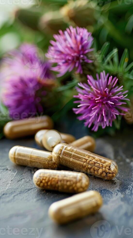 Herbal supplement capsules with purple thistle flowers milk thistle. photo