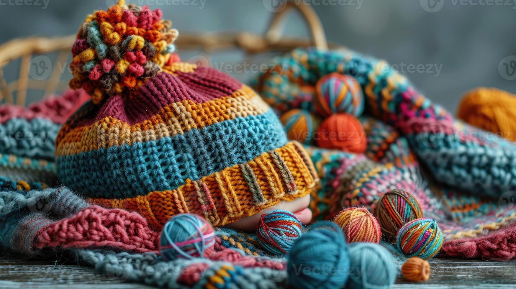 A selection of colorful and unique hand-knitted beanies photo