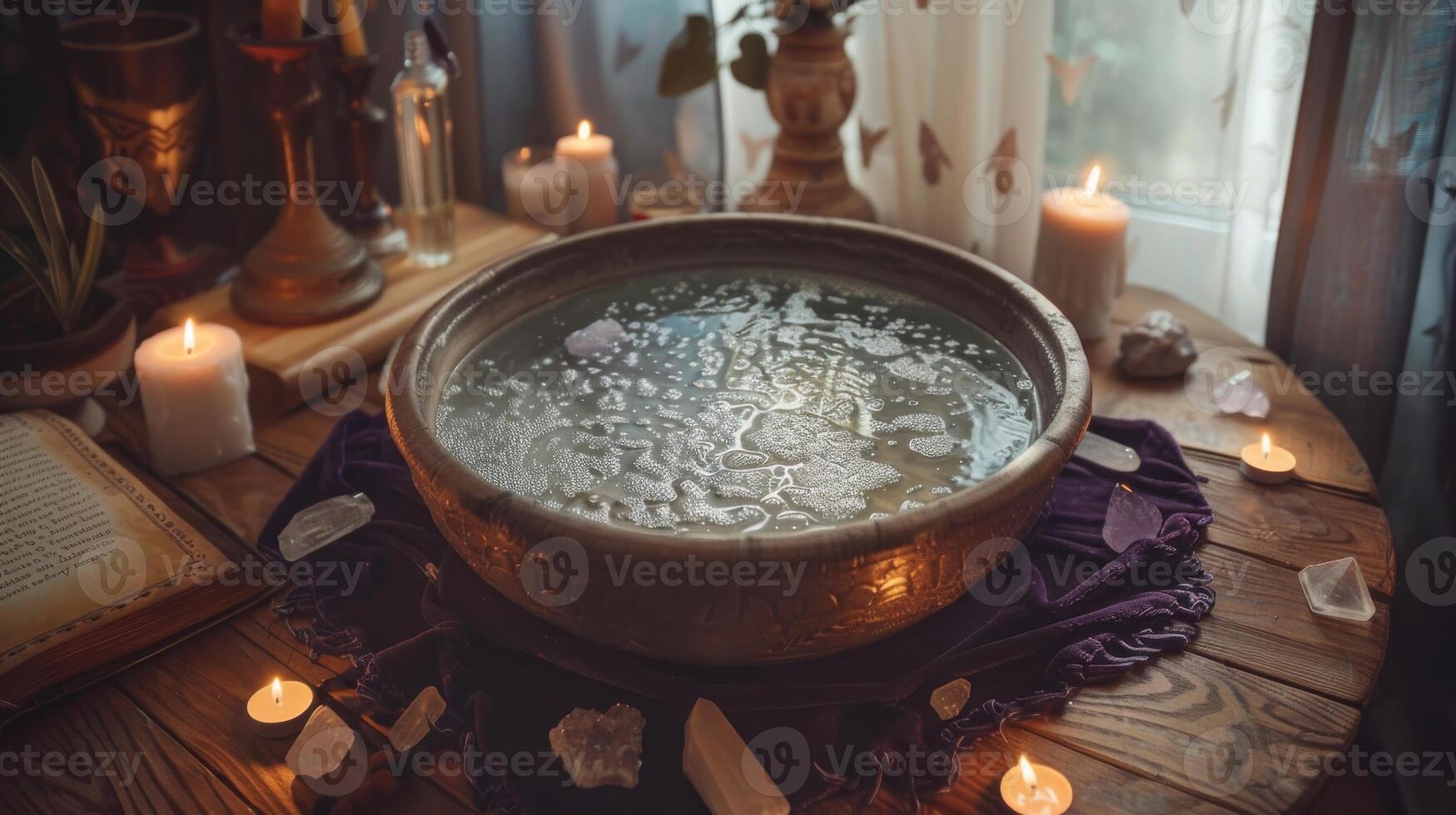 Mystic Water Scrying Ritual Setup with Candles Crystals and Spiritual Symbols for Meditation and Occult Practices photo