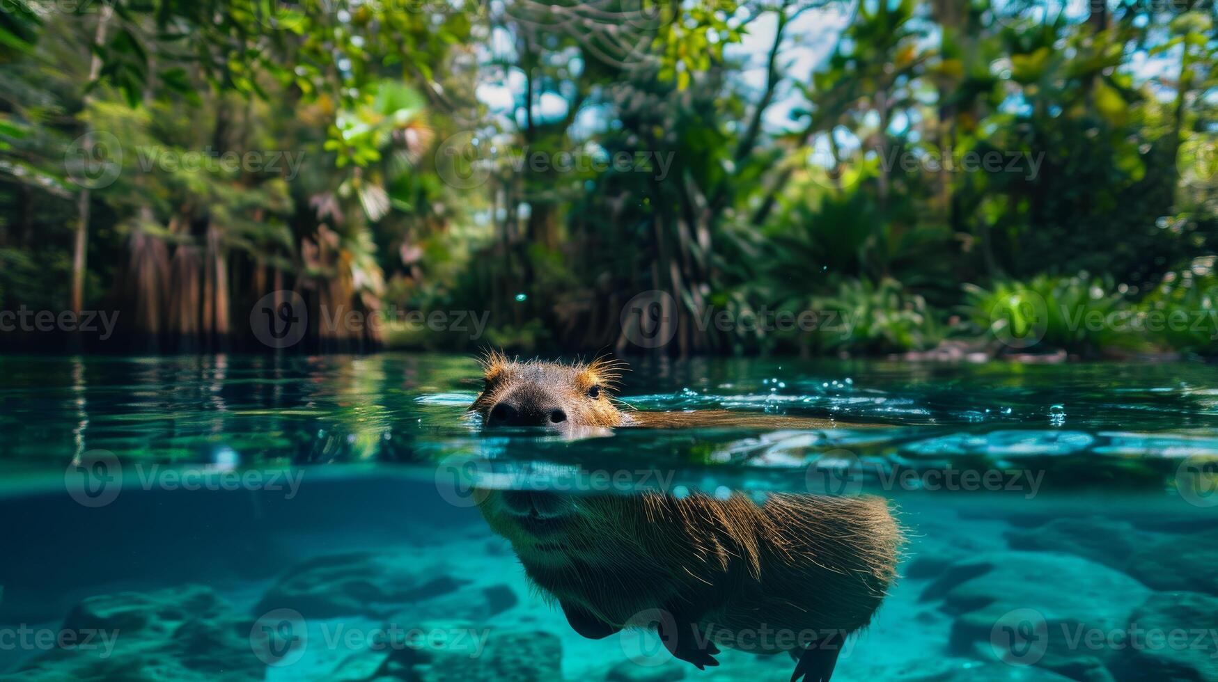 Capybara Swimming in Clear Blue Freshwater Lake Amongst Tropical Flora Design for Print, Card, Poster photo