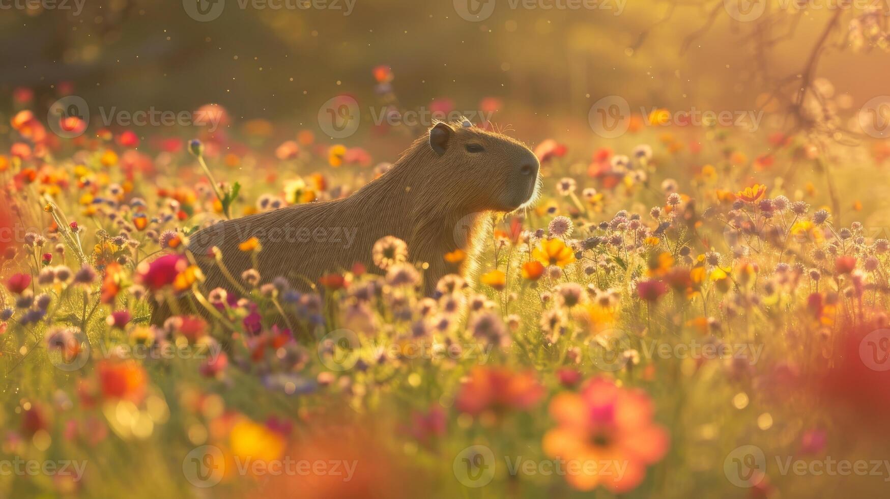 Capybara Strolling Through a Meadow of Vibrant Flowers at Sunset for NatureThemed Designs and Posters photo