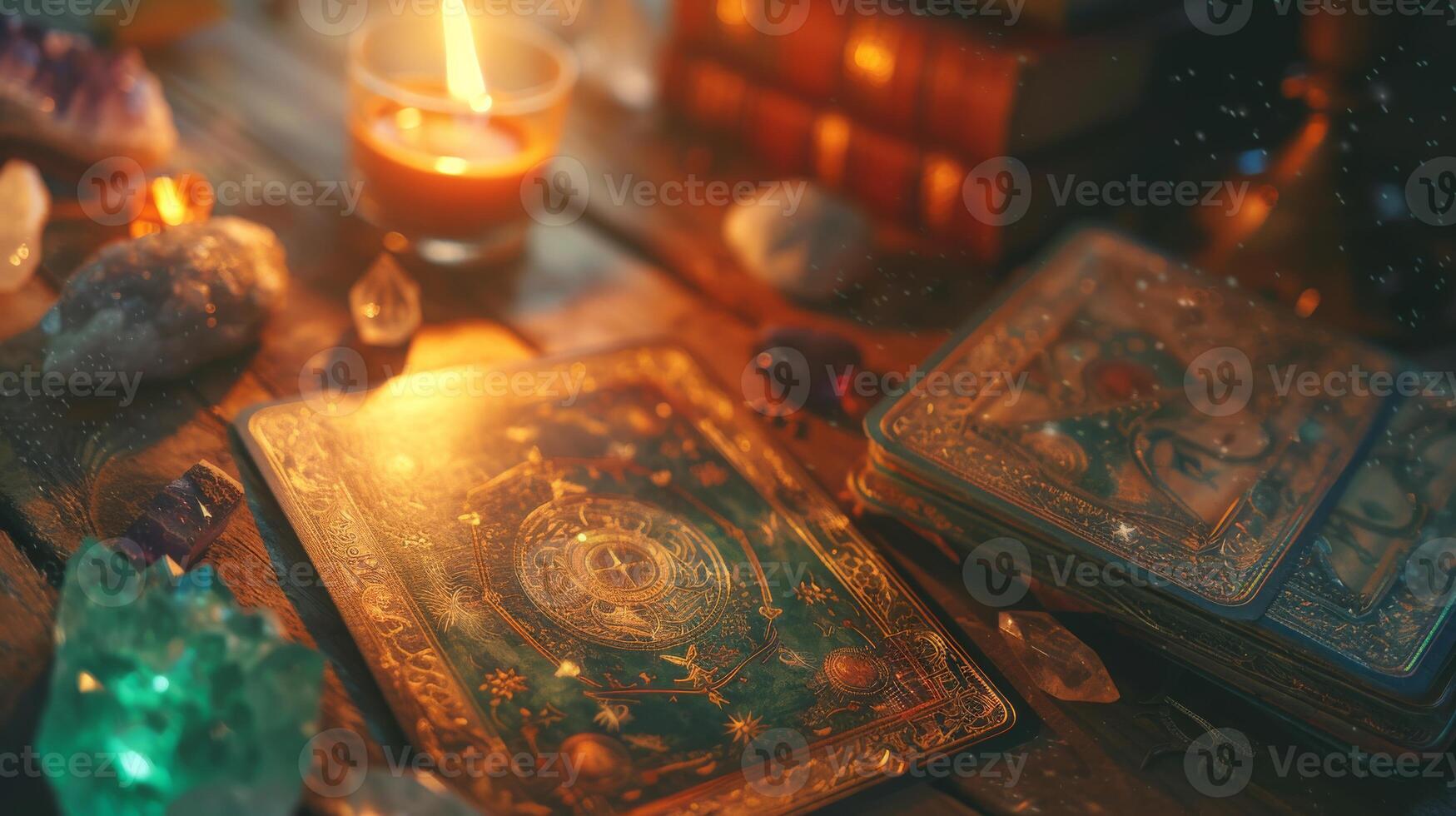 Mystical Oracle Cards and Candle on Wooden Table, Spiritual Items for Divination and Meditation photo