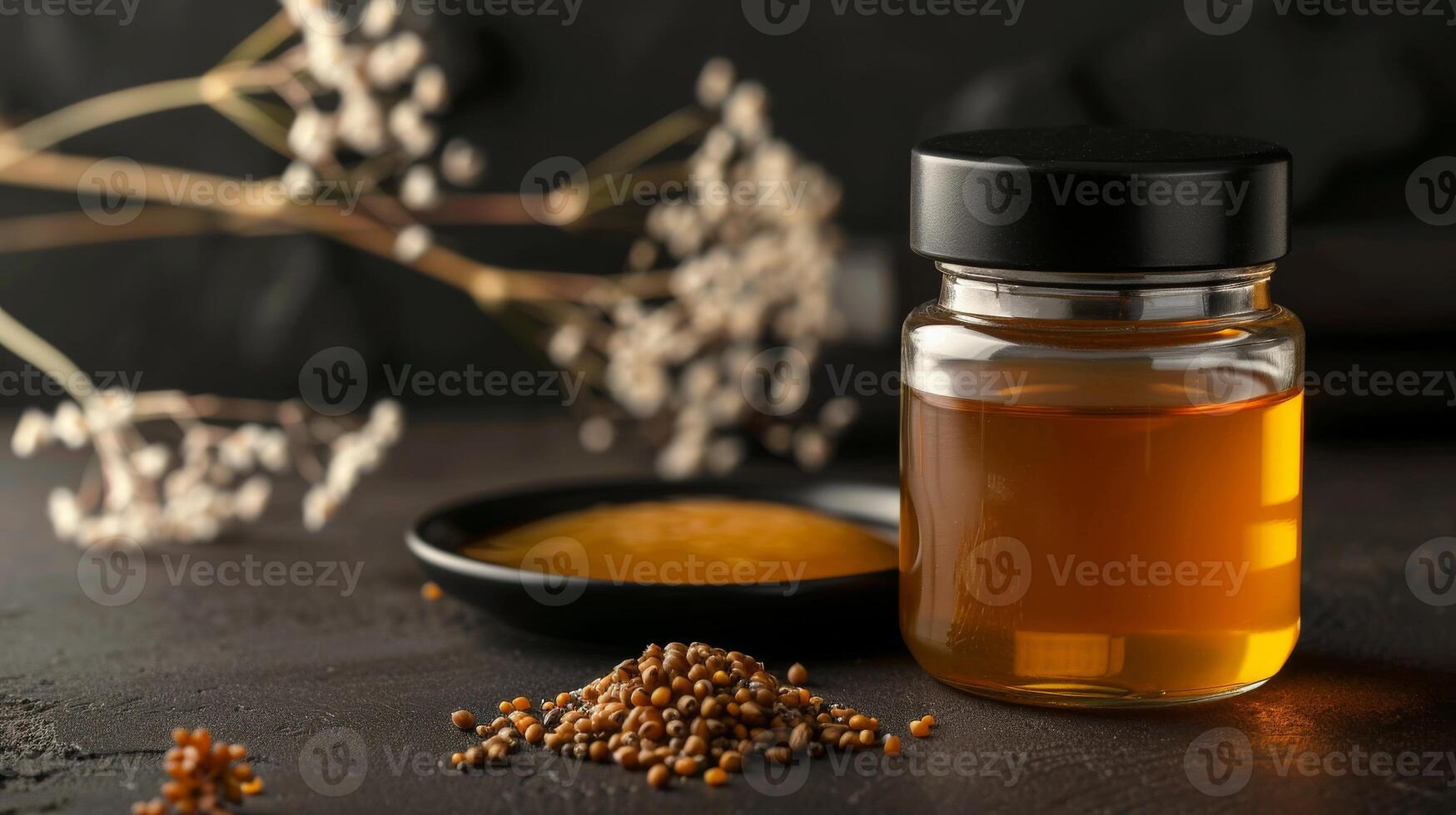 Stylish Glass Jar of Buckwheat Honey Against Dark Background for Product Display photo