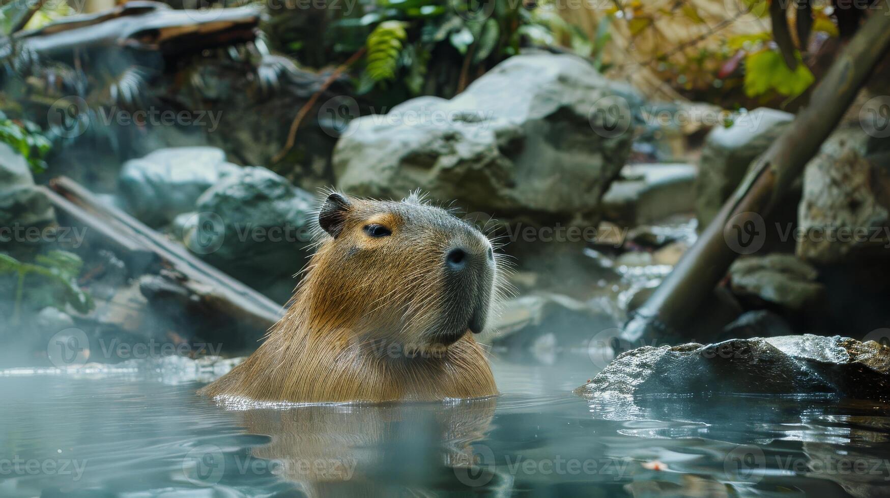 Capybara Relaxing in Hot Spring with Rising Steam Surrounded by Natural Rocky Landscape for Tranquility and Nature Themes photo