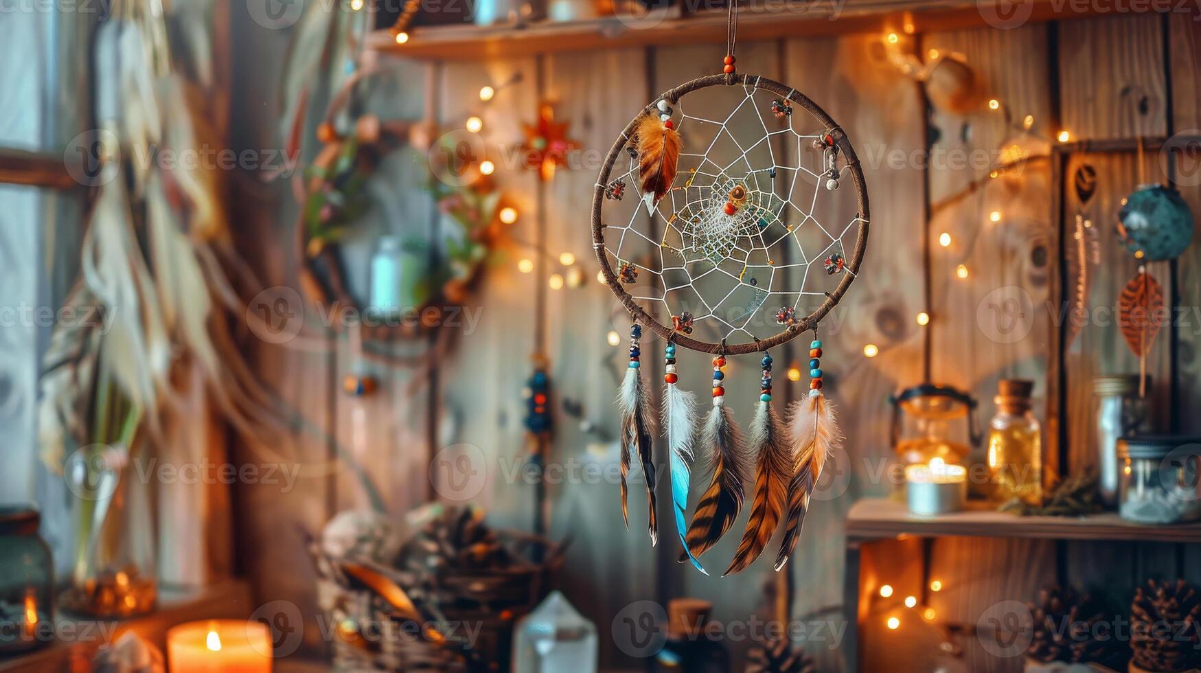 Cozy Bohemian Interior with Handmade Dreamcatcher and Warm Ambient Lighting for Home Decor and Relaxation photo