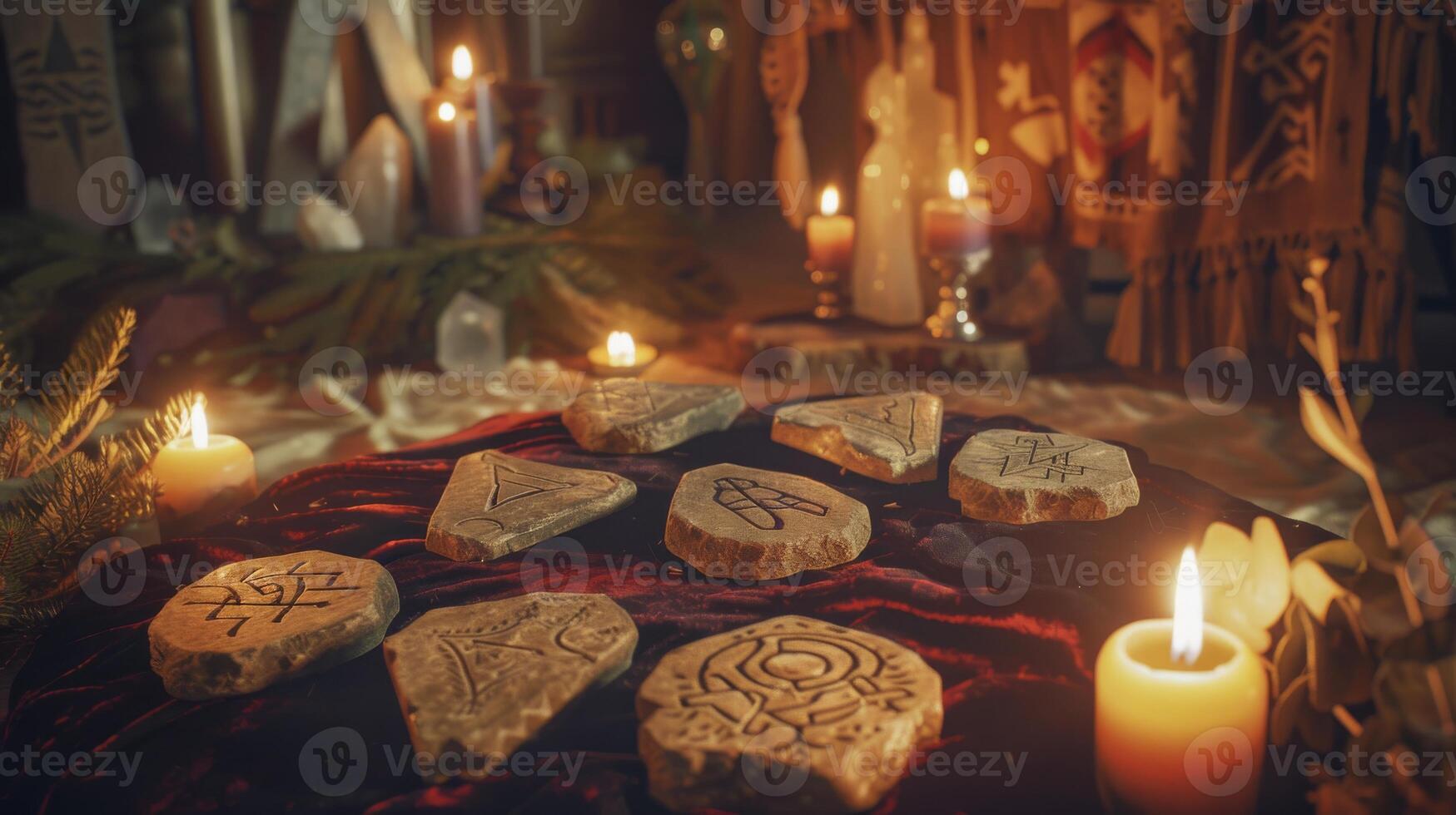 Mystical Rune Casting Setup with Candles and Handmade Runes on Velvet Cloth for Spiritual Practices photo