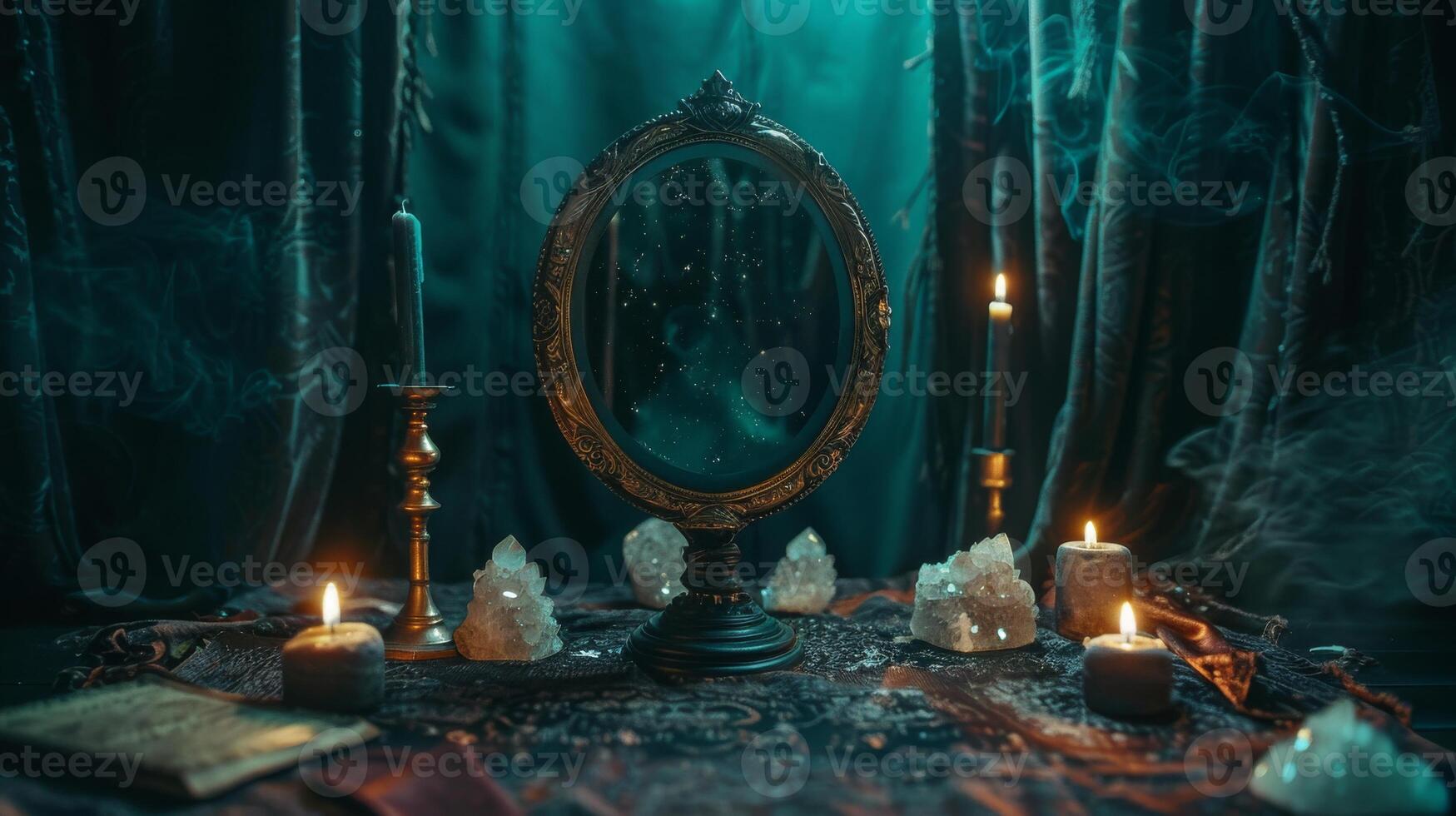 Mystical Ritual Setup with Scrying Mirror, Candles, and Crystals for Divination and Spiritual Practices photo