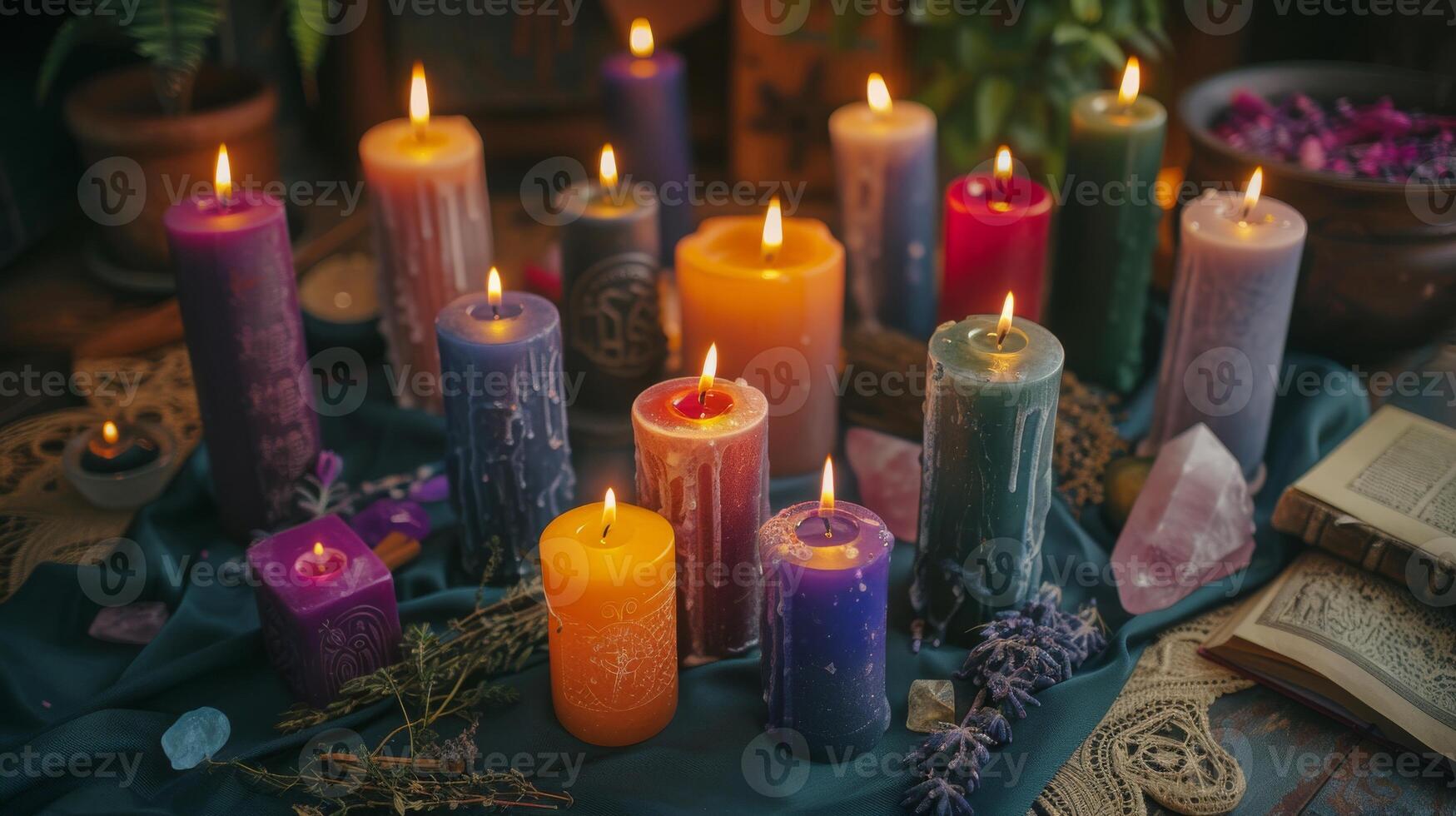 Mystical Setup for Candle Magic with Assorted Colored Candles and Crystals for Spiritual and Healing Rituals photo
