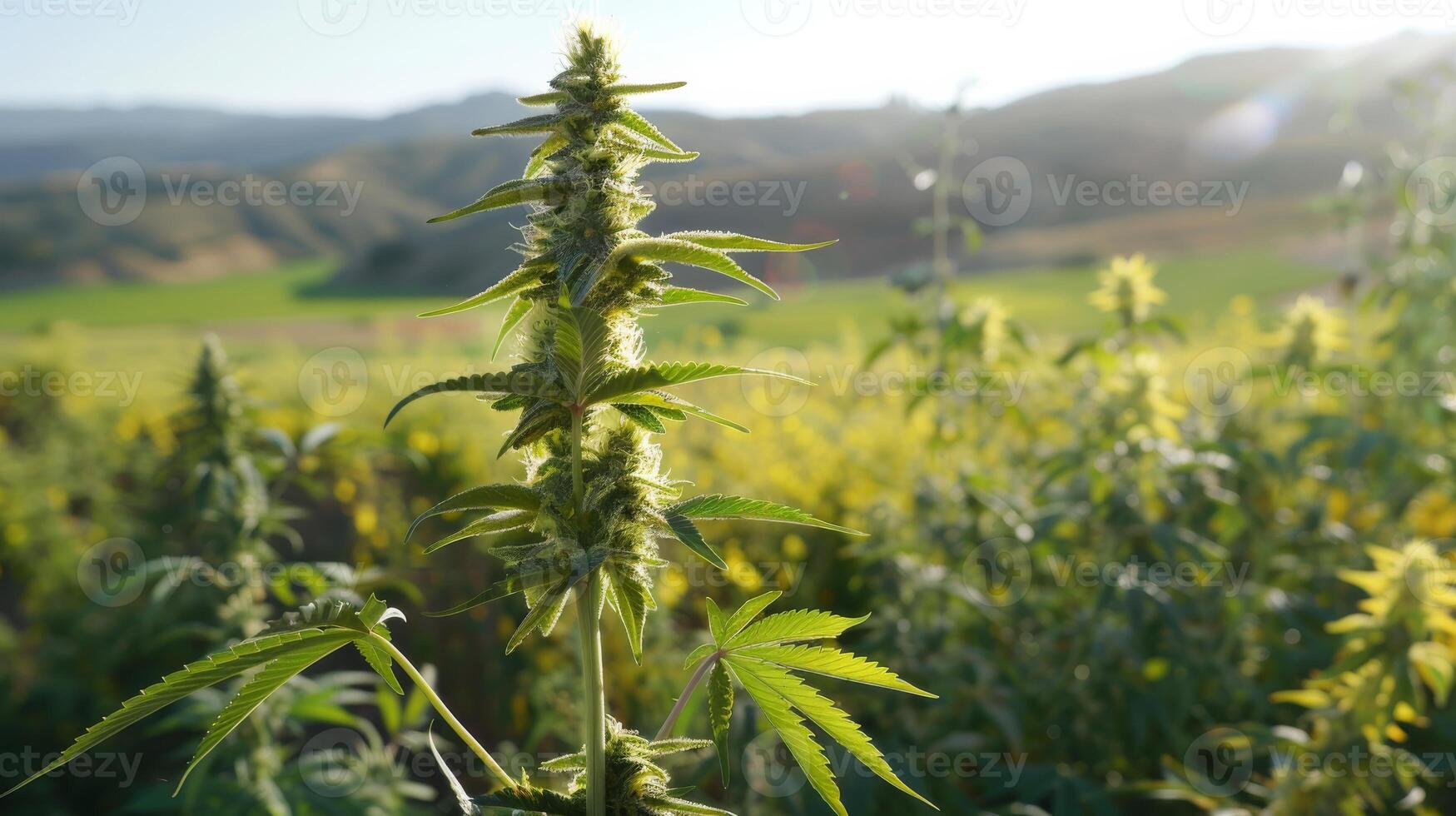 Tall Cannabis Plant in a Sunlit Meadow Capturing the Serenity of Nature for Greenery, Agriculture, and Environmental Themes photo
