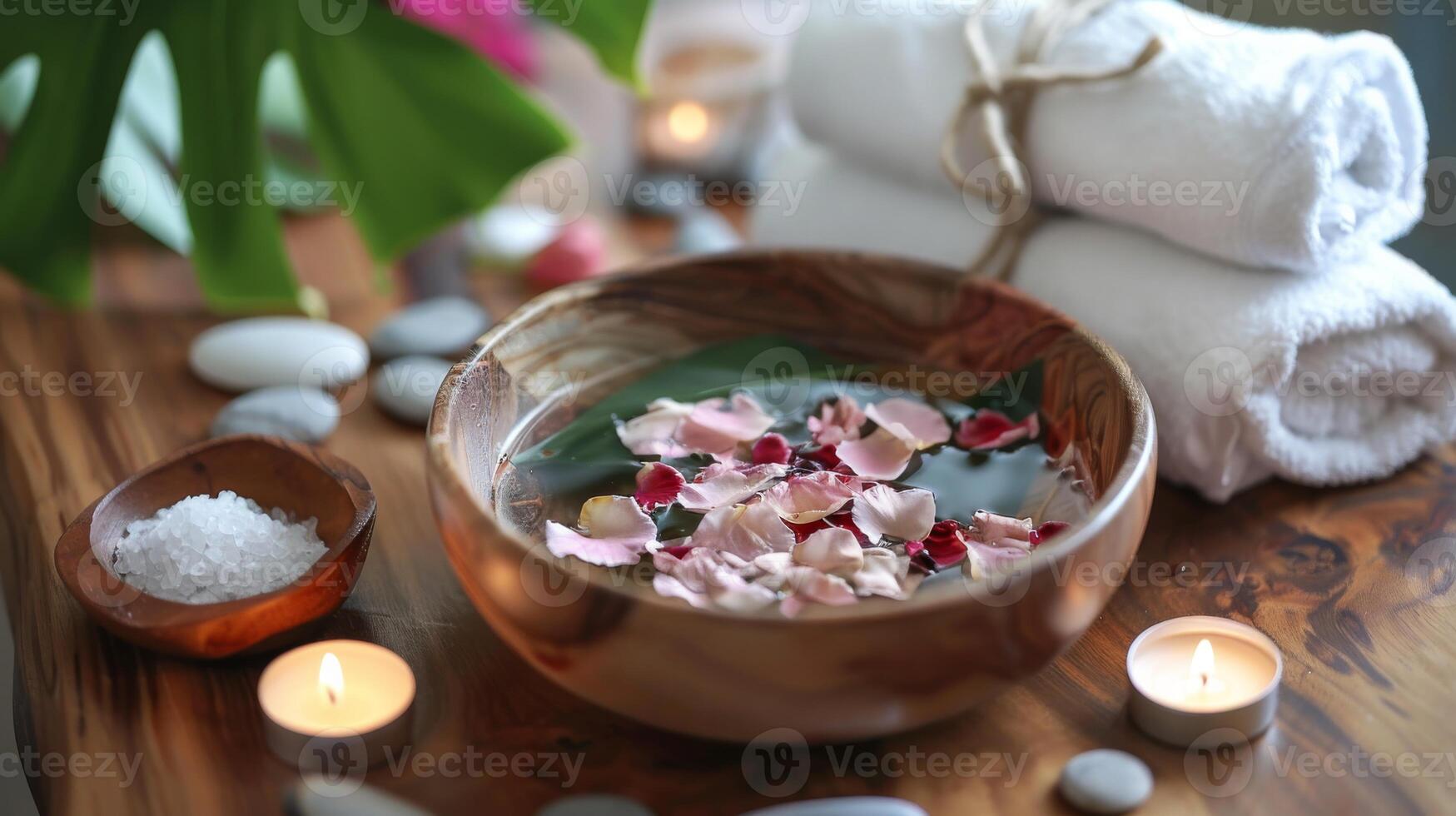 Spa Setting with Aromatic Rose Petal Bowl, Bath Salts, and Rolled Towels for Relaxation and Wellness Design photo