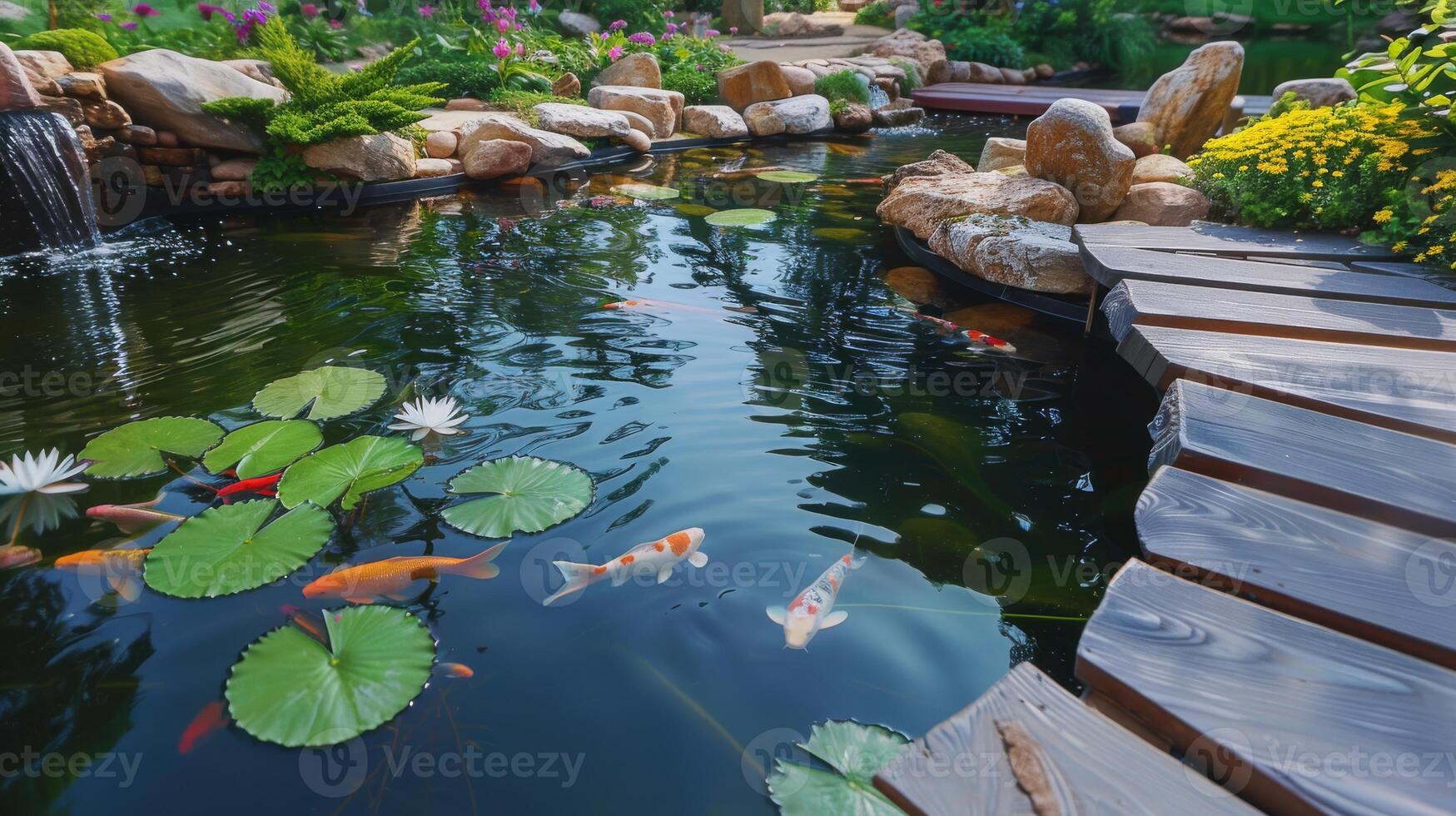 Serene Spa Garden with Koi Pond and Lush Landscaping for Relaxation and Tranquility in Outdoor Space Design photo