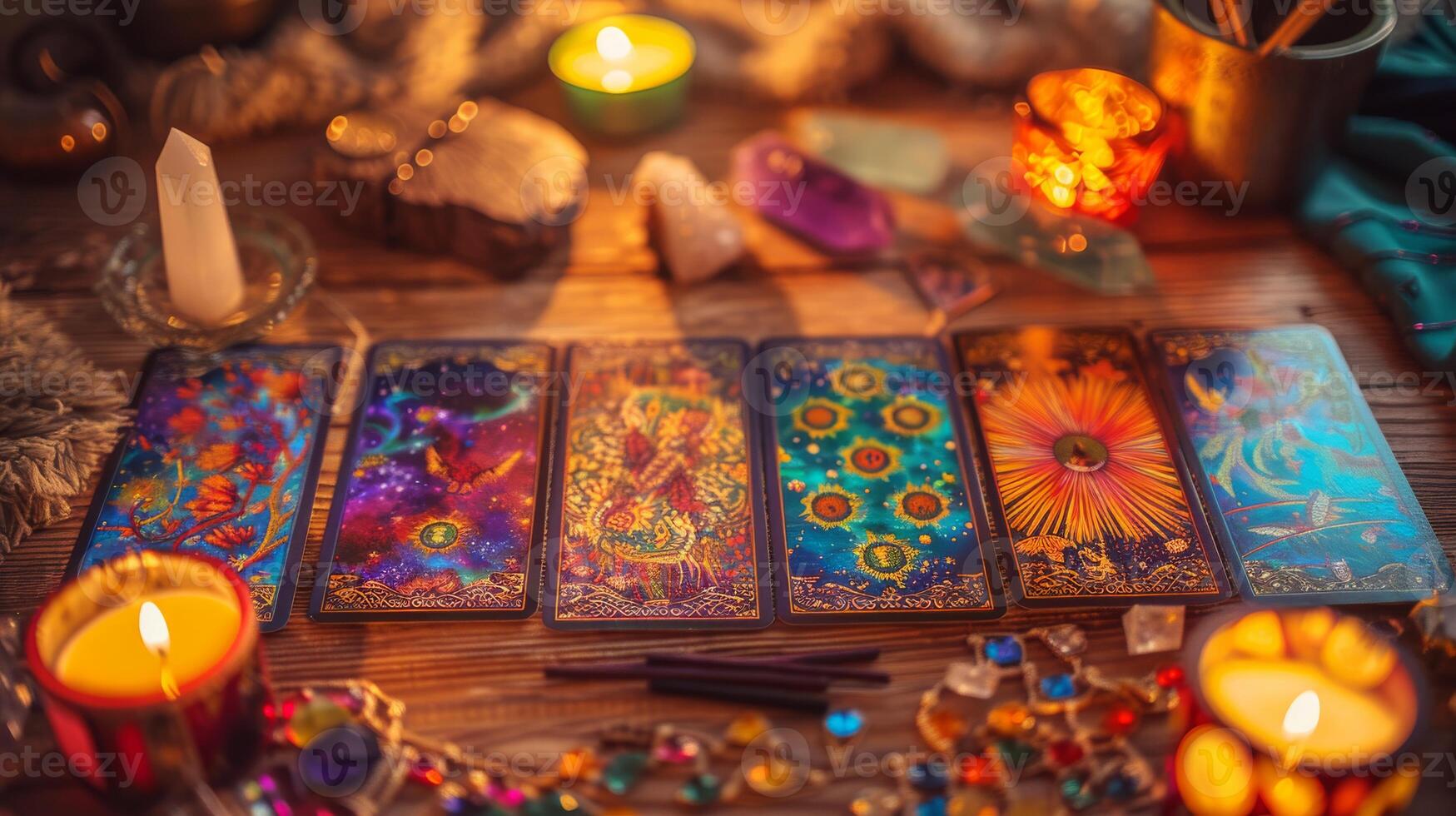 Mystical Tarot Card Spread with Candles and Crystals, Design for Print, Poster, Card, Esoteric Decor photo