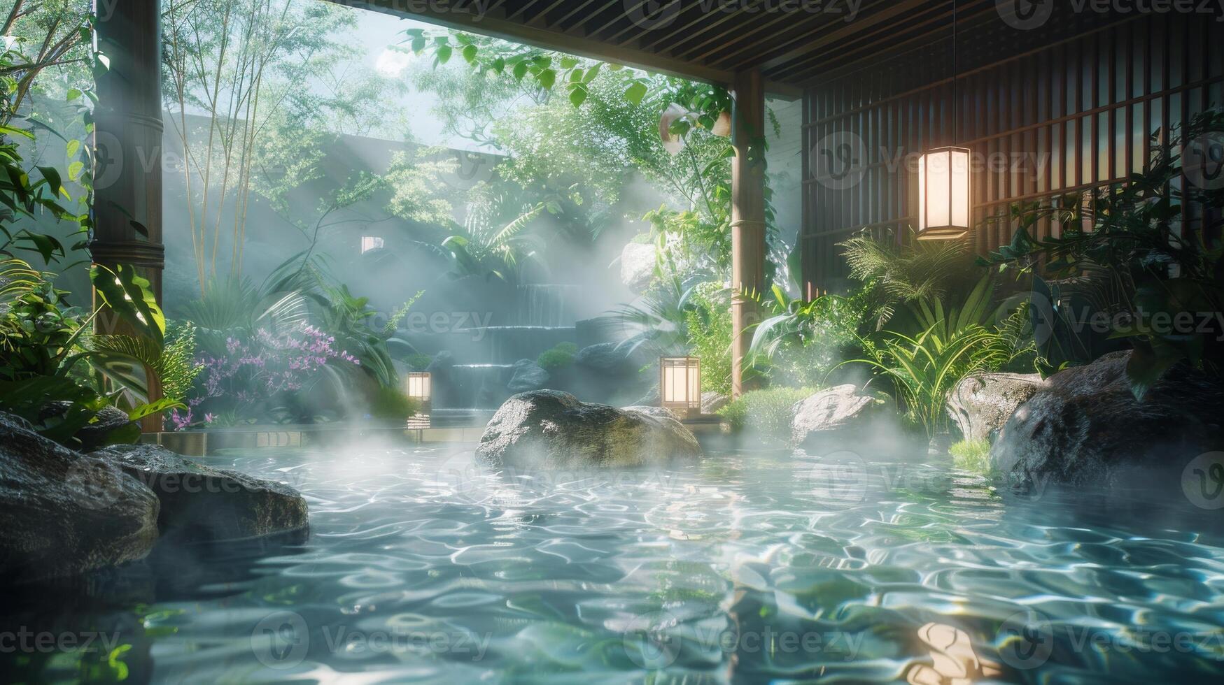 Serene Japanese Style Hot Spring Spa with Lush Greenery and Soothing Ambiance photo