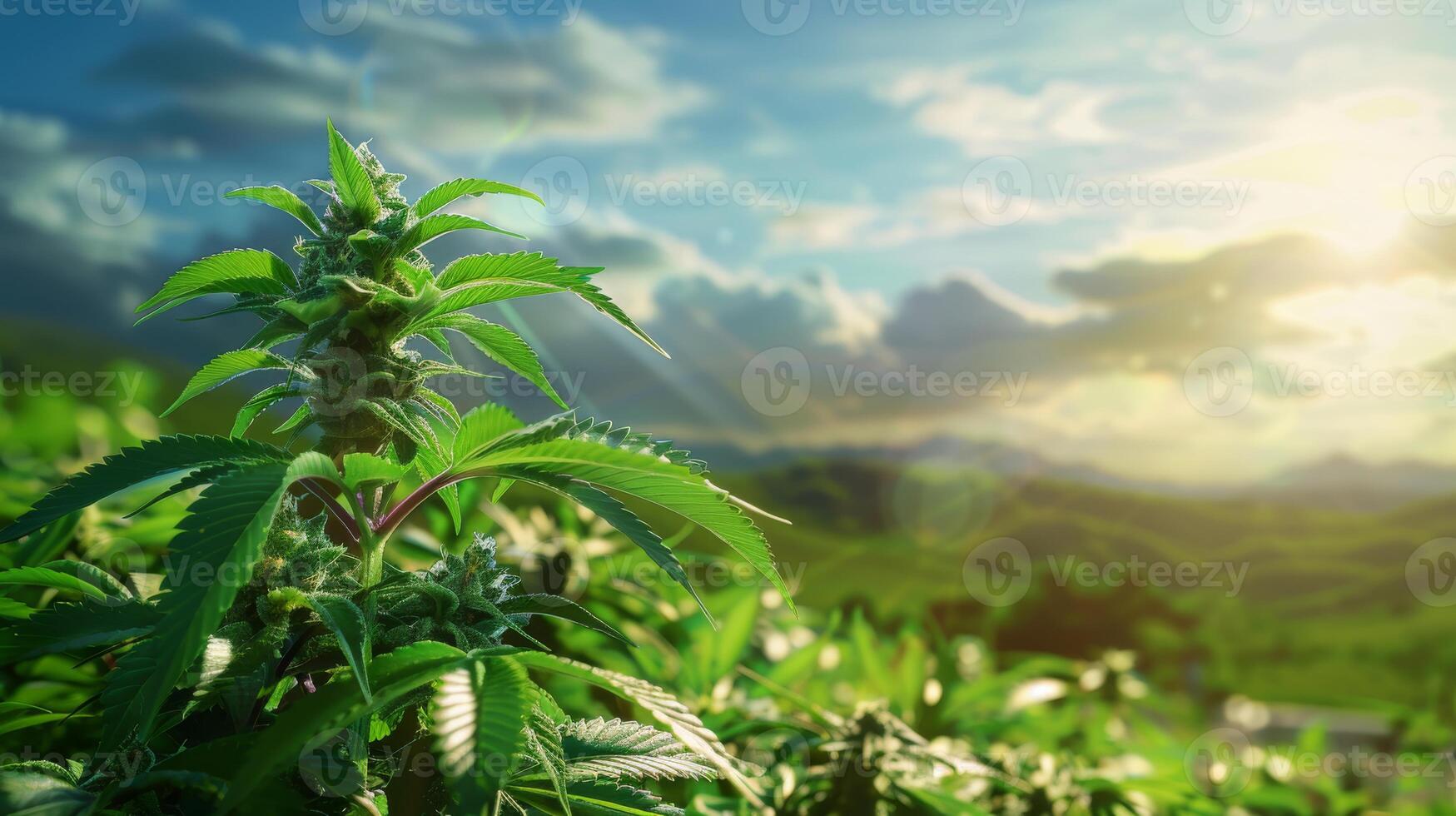 Cannabis Plant in Natural Landscape, Sunlight, Sky, Plant Growth Background, Nature Concept, Ideal for Posters and Nature Related Designs photo