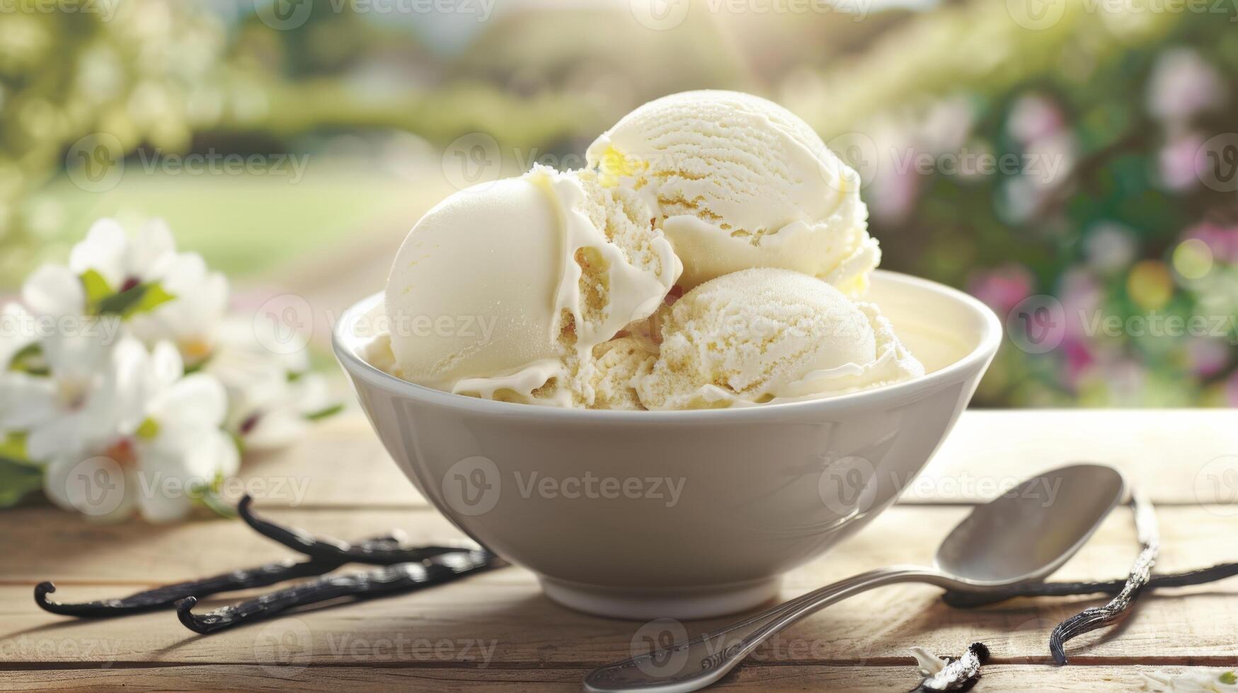Delicious Vanilla Ice Cream in a Bowl on Wooden Table with Garden Background, Perfect for Summer Dessert Ads photo